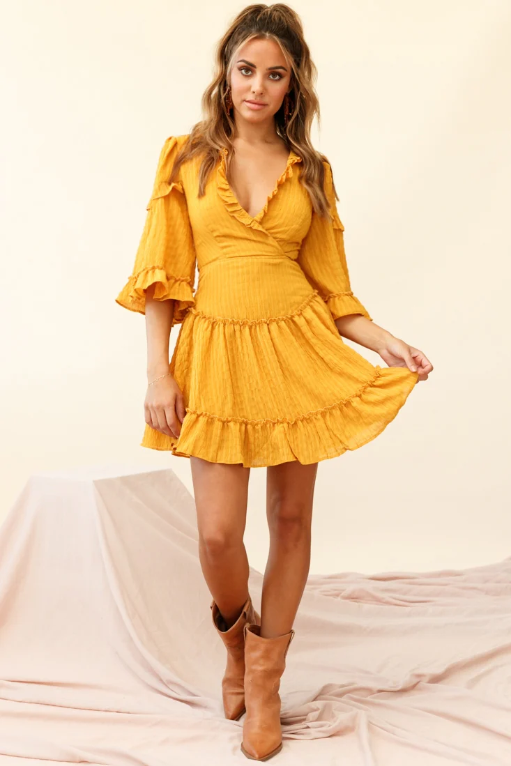 Albany Lace Up Back Frill Dress Shirred Mustard - Seraphlike