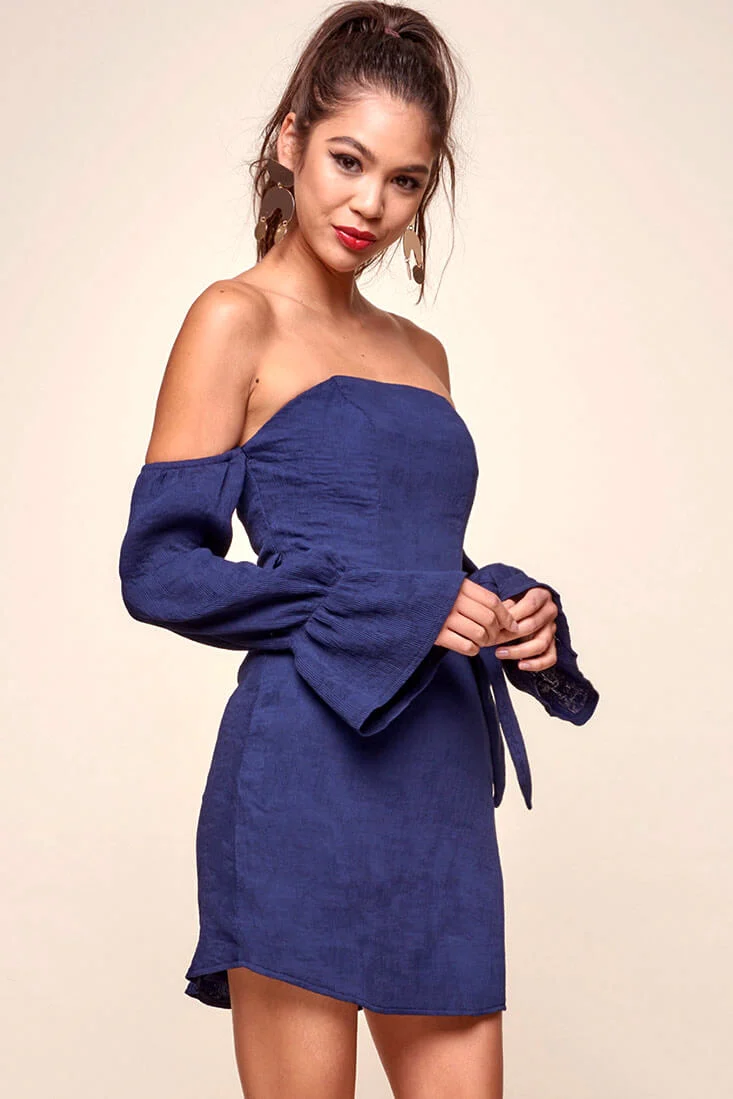 Veronica Off the Shoulder Bell Sleeve Dress Navy - Seraphlike