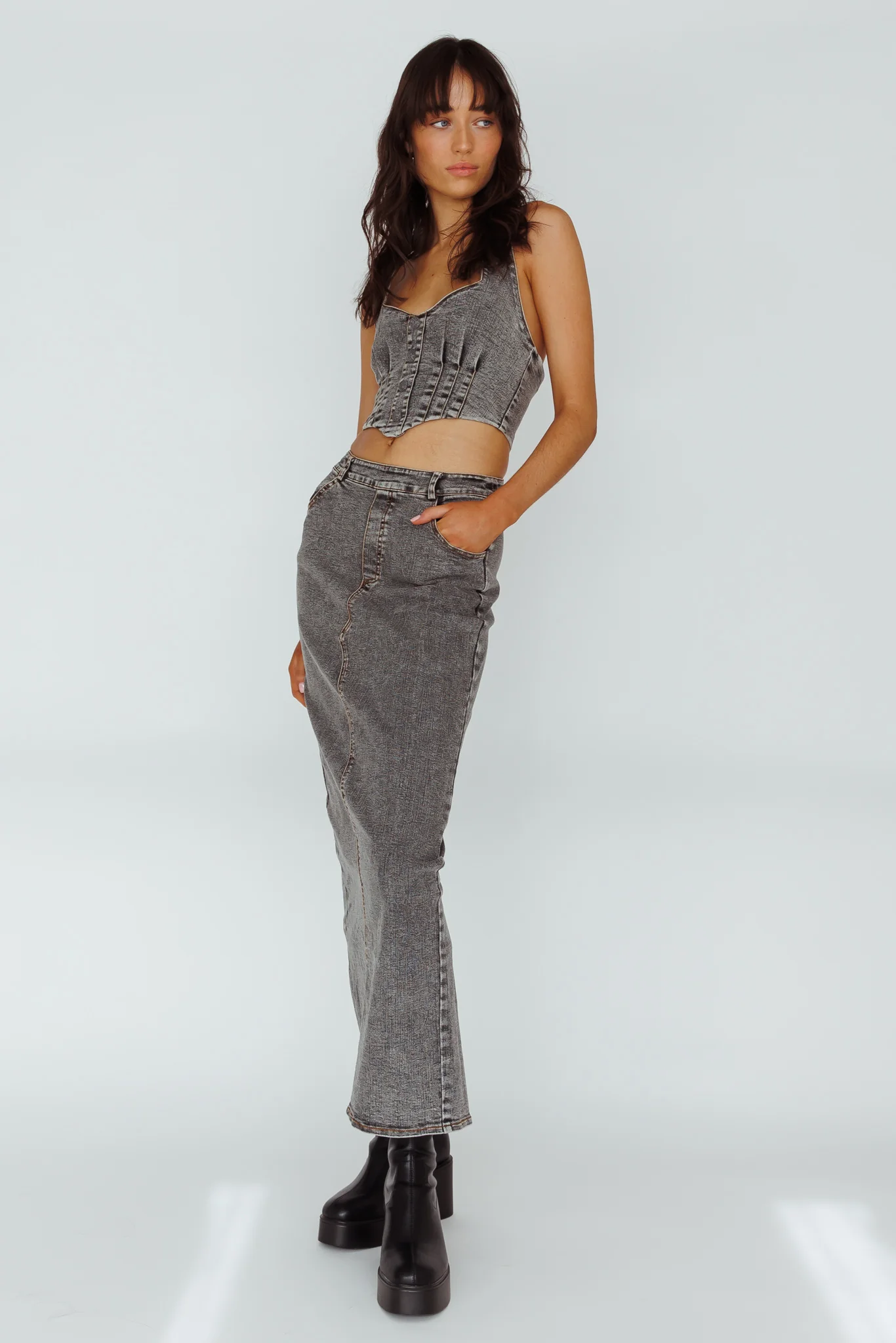 Zurich Pocket Maxi Skirt Denim Grey - Seraphlike