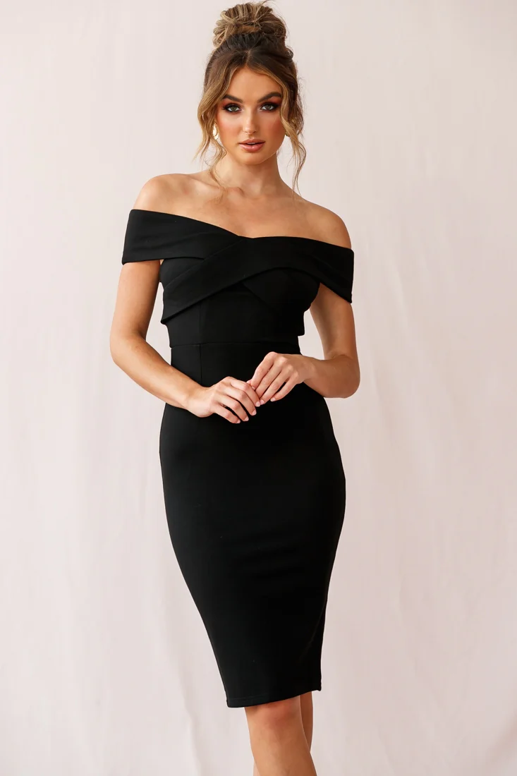 Corrine Elegant Off the Shoulder Bodycon Dress Black - Seraphlike