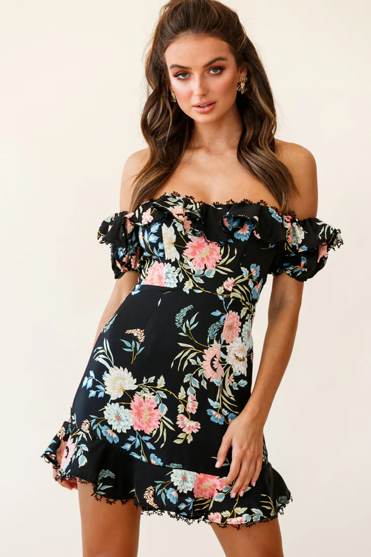 Bobby Bardot Neckline Puff Sleeve Dress Black - Seraphlike