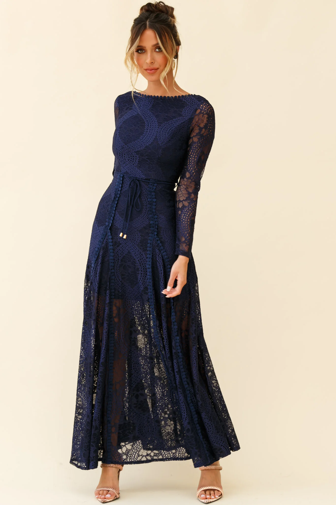 Palm Springs Long Sleeve Lace Overlay Maxi Dress Navy - Seraphlike