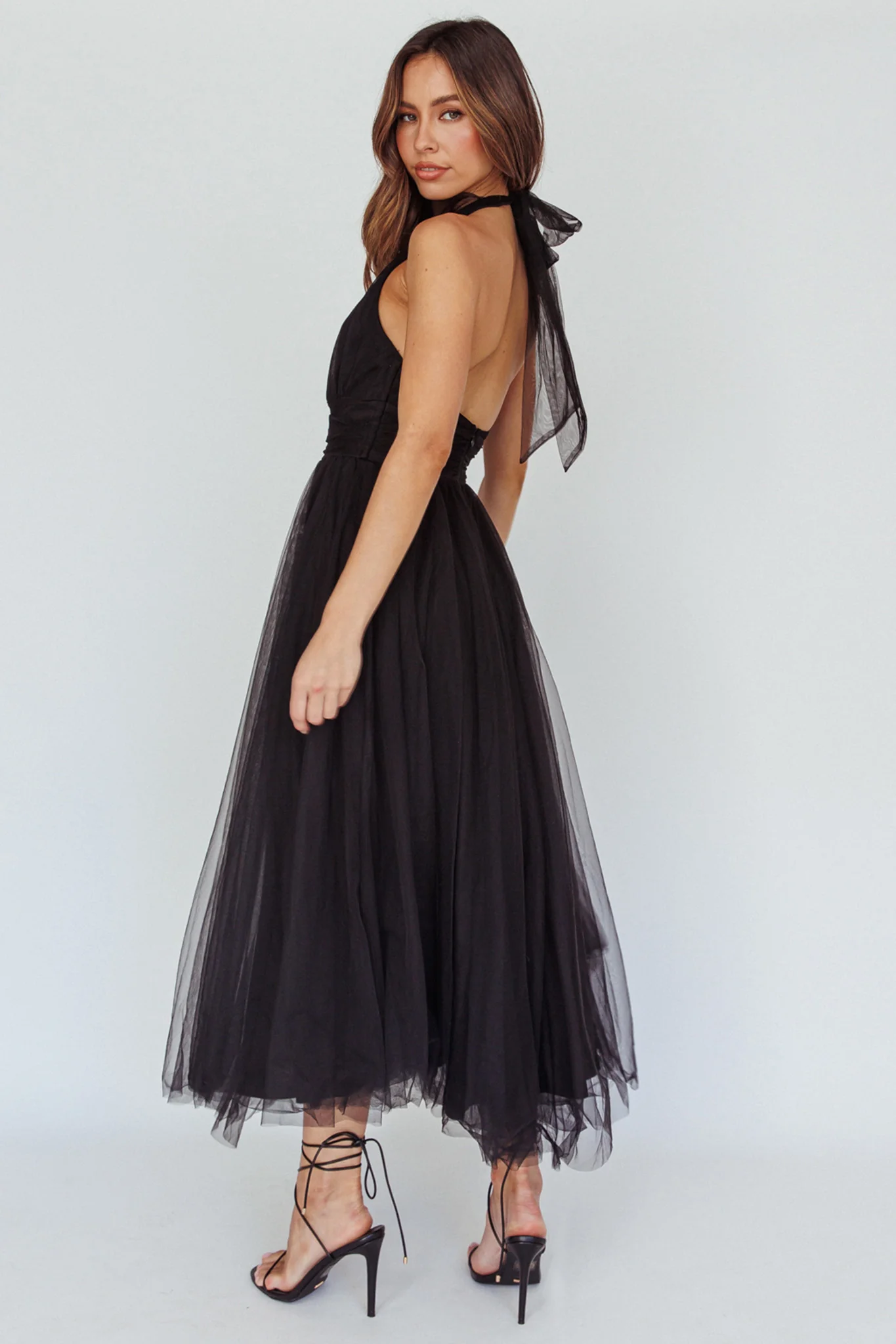 Andria Halterneck Tulle Midi Dress Black - Seraphlike