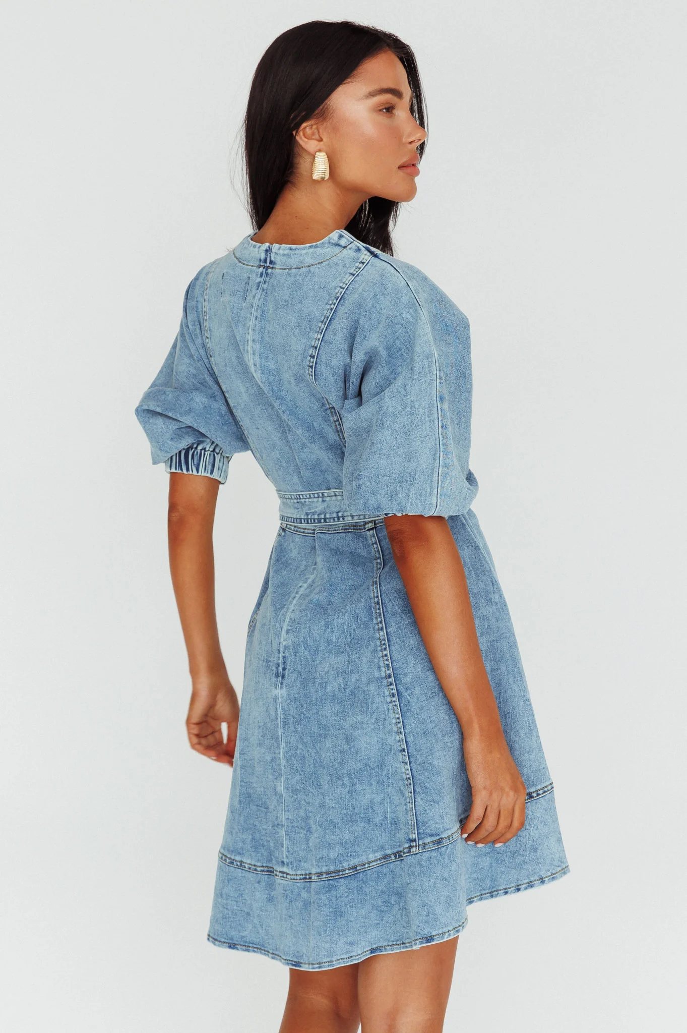 Cadijah Puff Sleeve Belted Mini Dress Denim Blue - Seraphlike