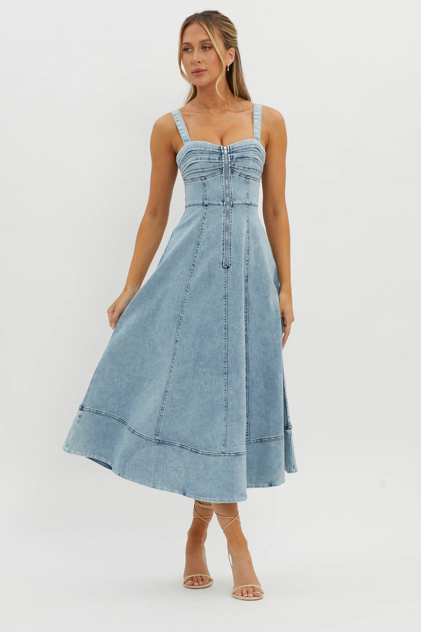 Emilio Pleated Bust A-Line Midi Dress Denim Blue - Seraphlike