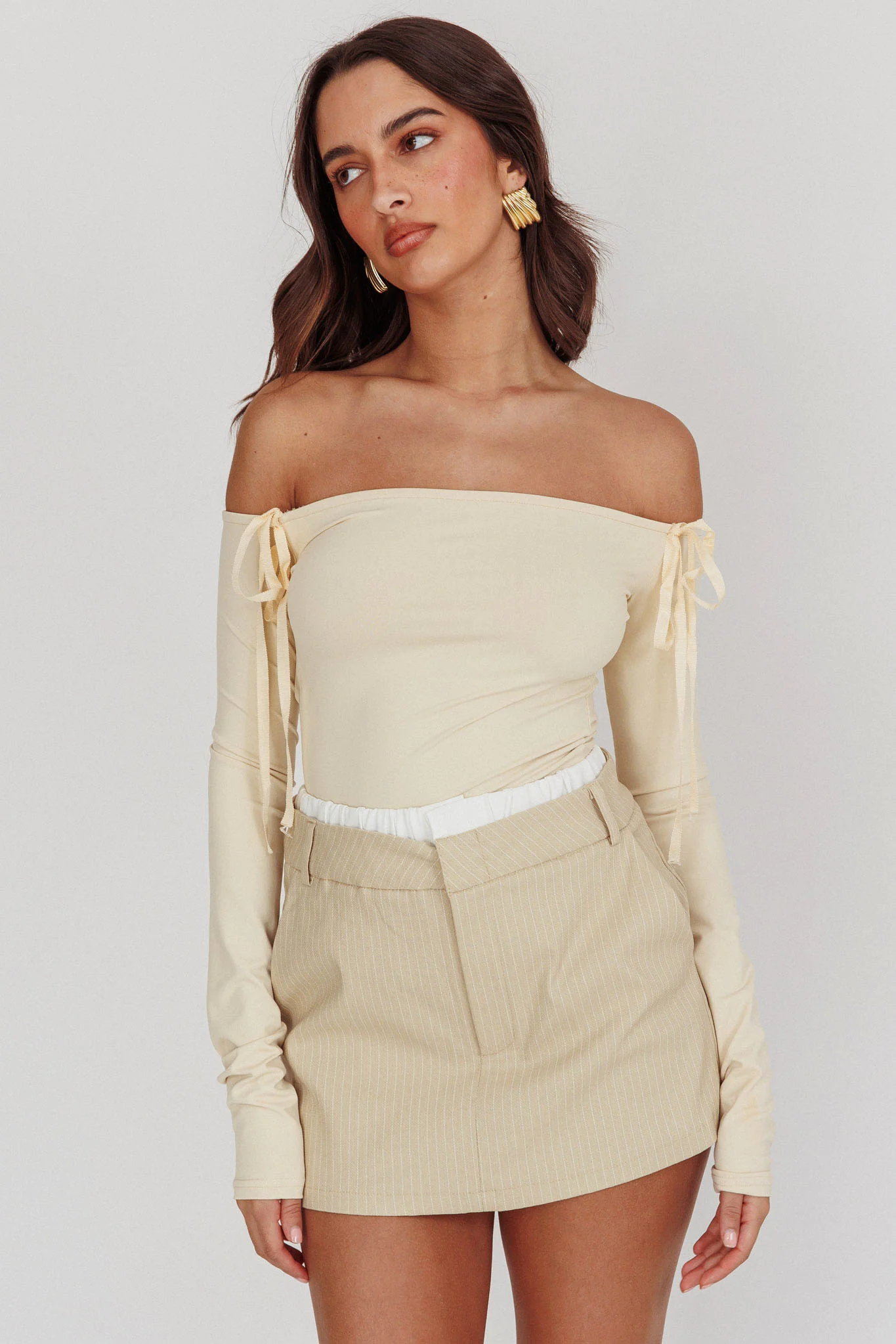 Rhian Pinstripe Double Waistband Skort Beige White - Seraphlike