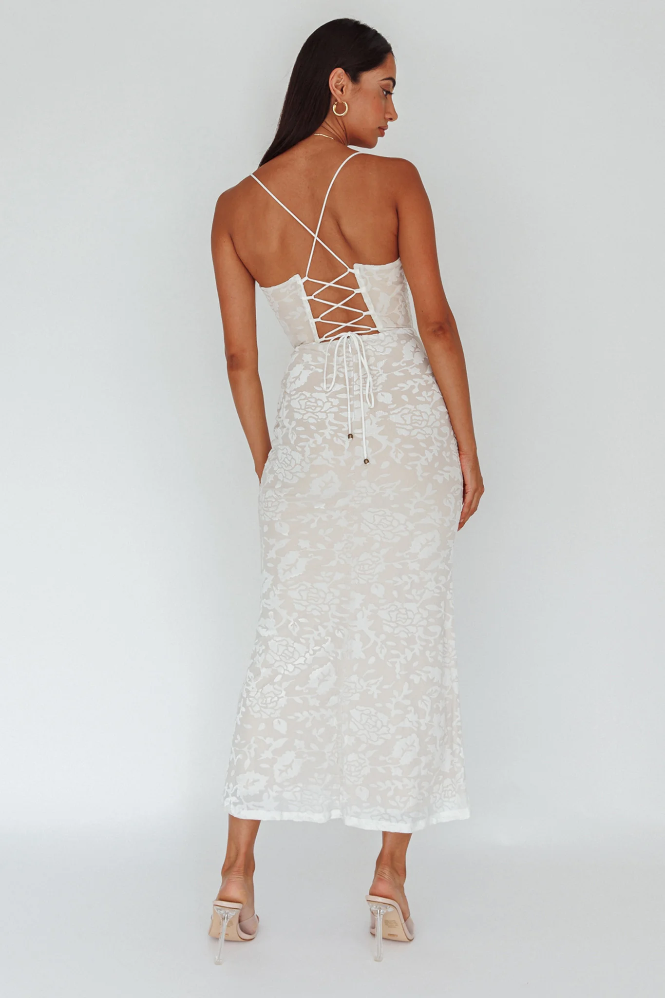 Nouveau U-Neckline Midi Dress Floral White - Seraphlike