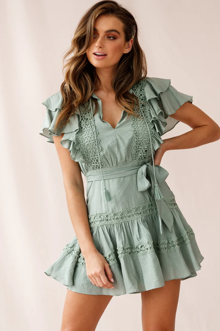 Sheridan Double Frill Sleeve Crochet Detail Dress Olive - Seraphlike