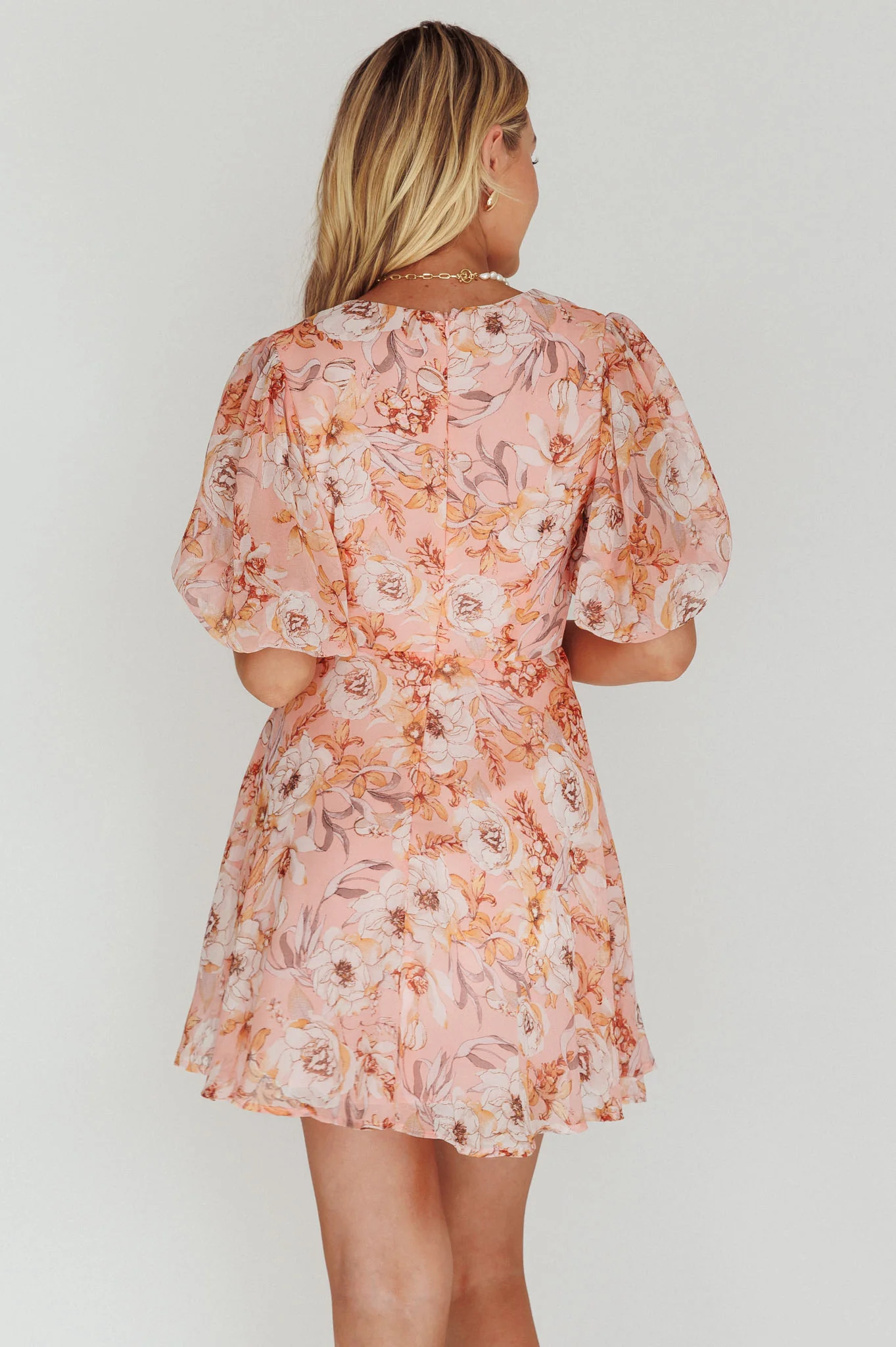 Madison Bow Tie Bust Puff Sleeve Dress Flowers Orange - Seraphlike