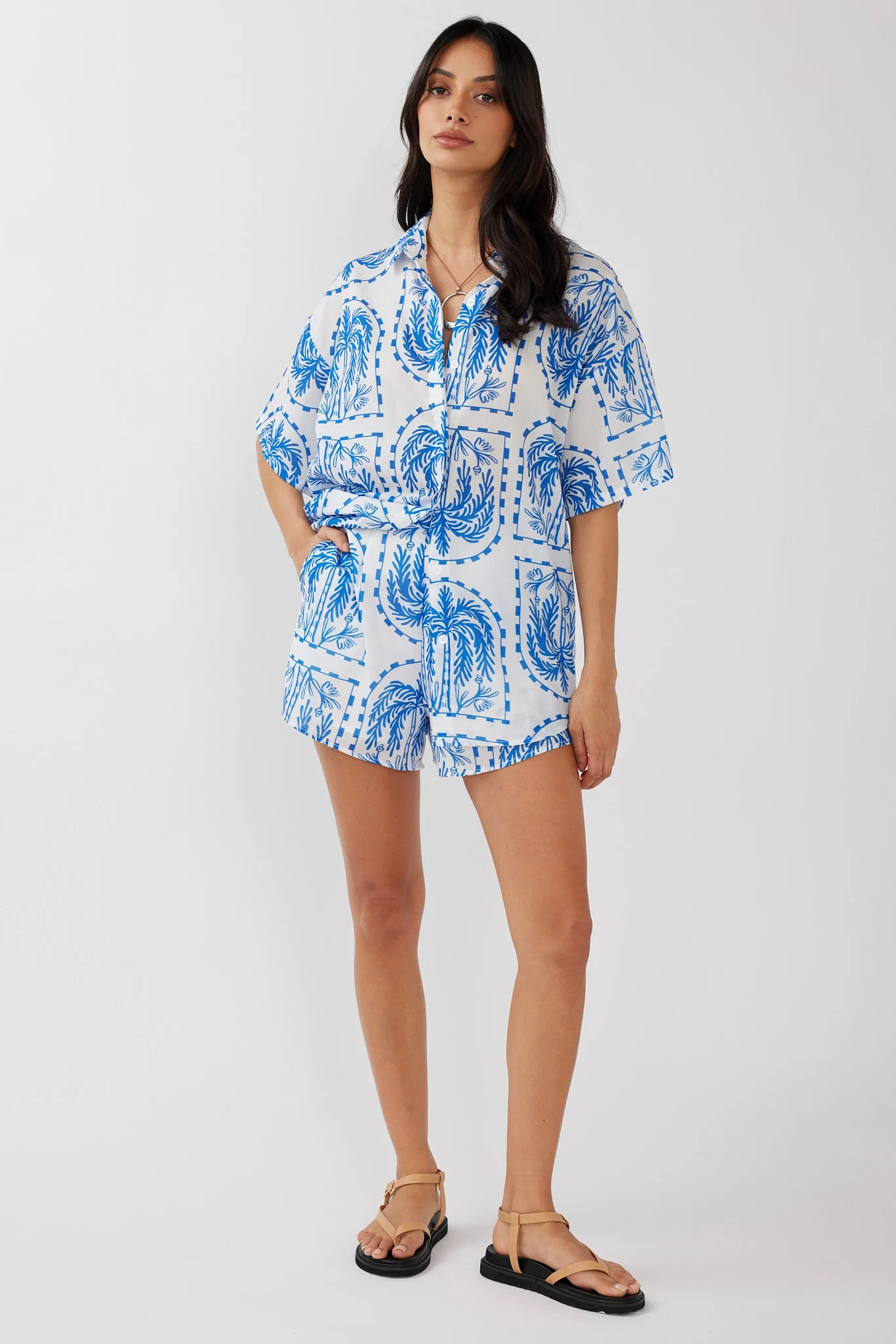 Cora Elastic Waist Shorts Print Blue White - Seraphlike