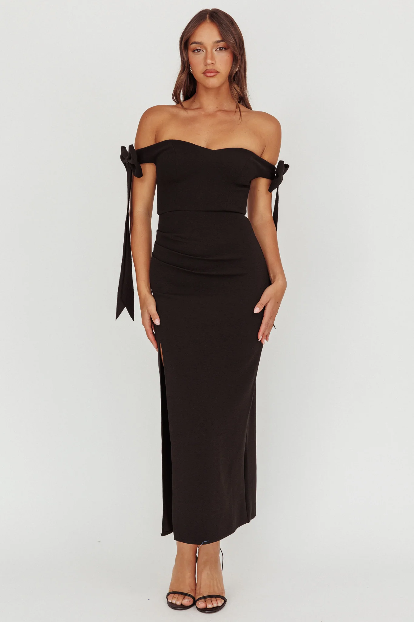 Have Faith Off-Shoulder Bow Sleeve Maxi Dress Black - Seraphlike