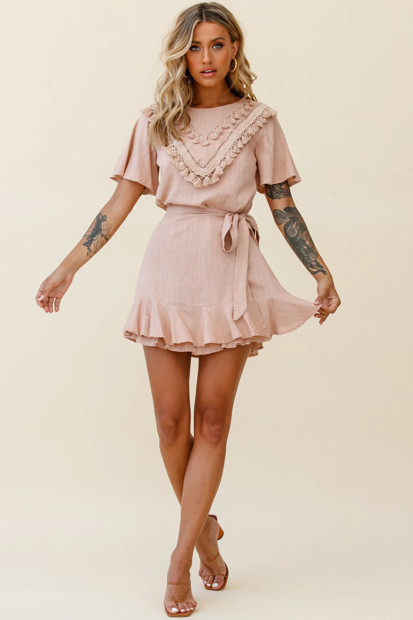 Angelique Tassel Bust Wrap Bottom Dress Mocha - Seraphlike