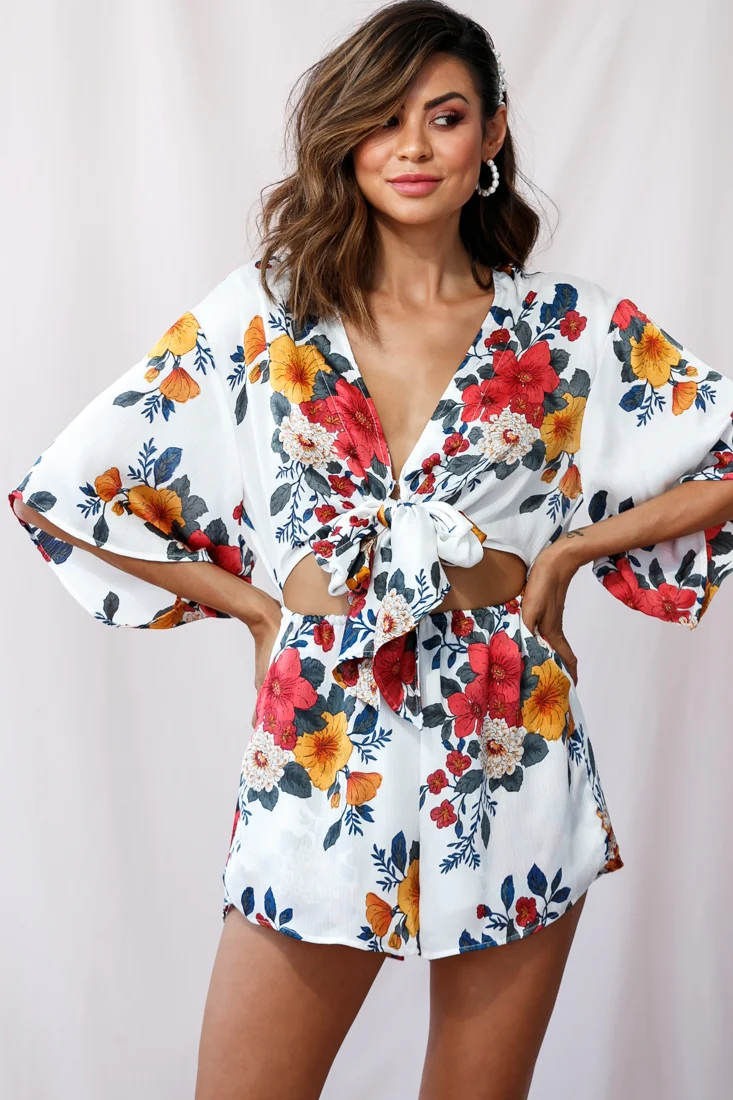 Rivera Tie-Knot Bell Sleeve Romper White - Seraphlike