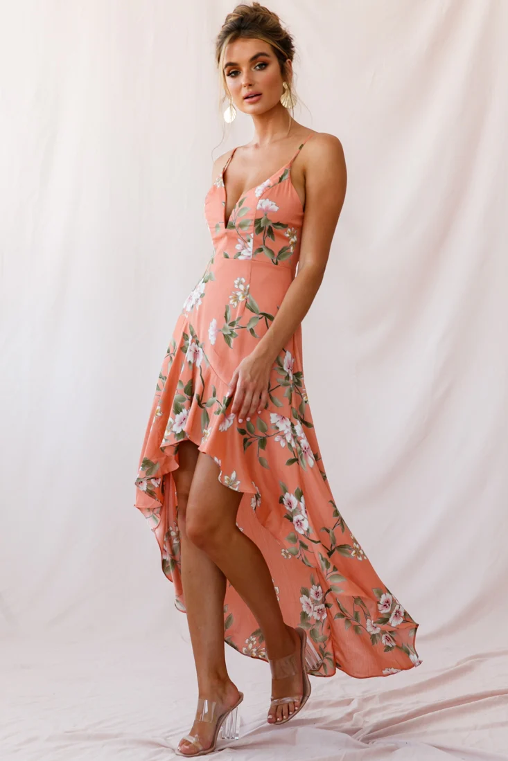 Imelda V-Neckline High-Low Hem Dress Peach - Seraphlike