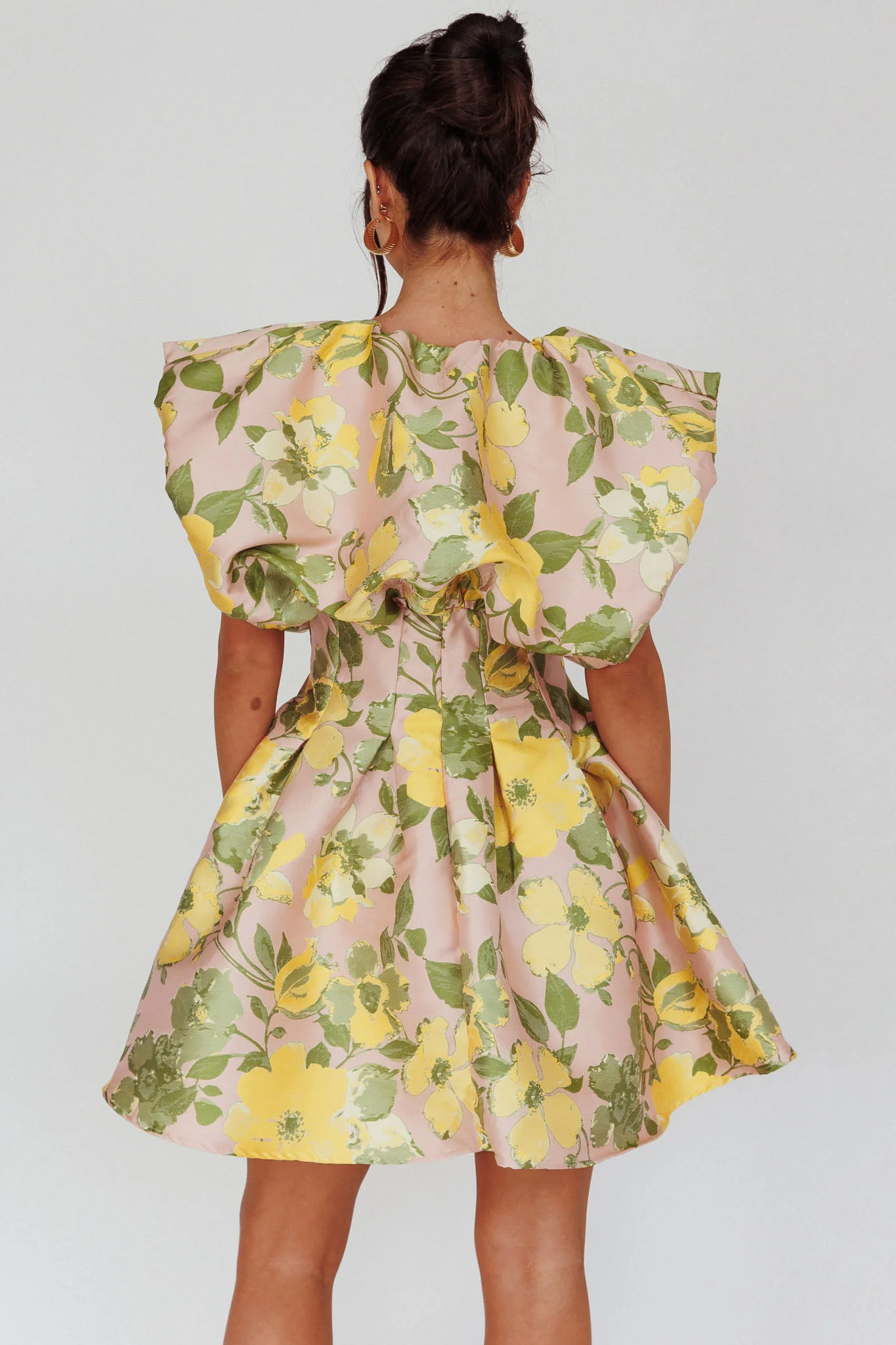 Bennet Puffed Neckline Mini Dress Floral Pink/Yellow - Seraphlike
