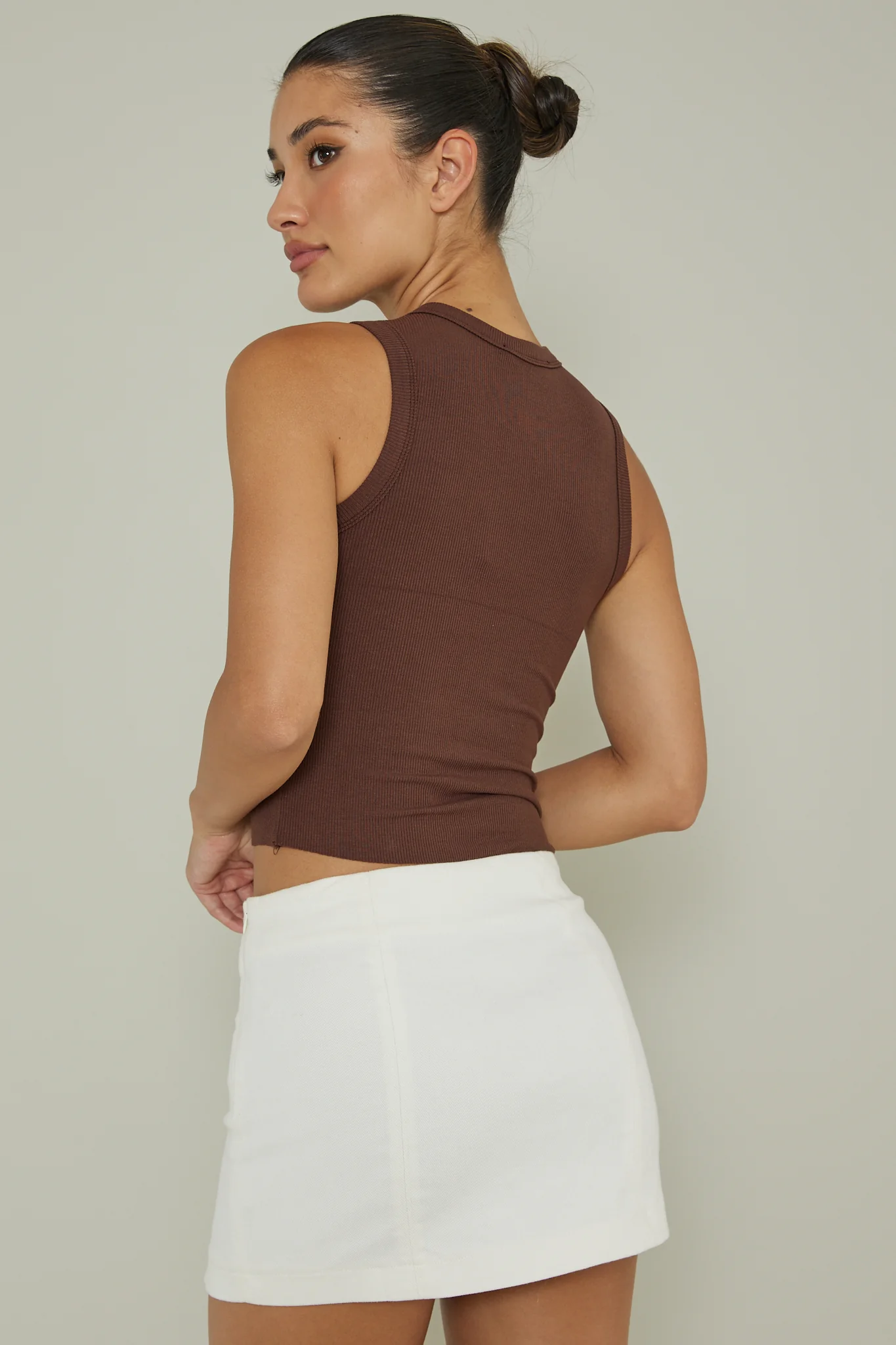 Mayra Crew Neck Crop Top Brown - Seraphlike
