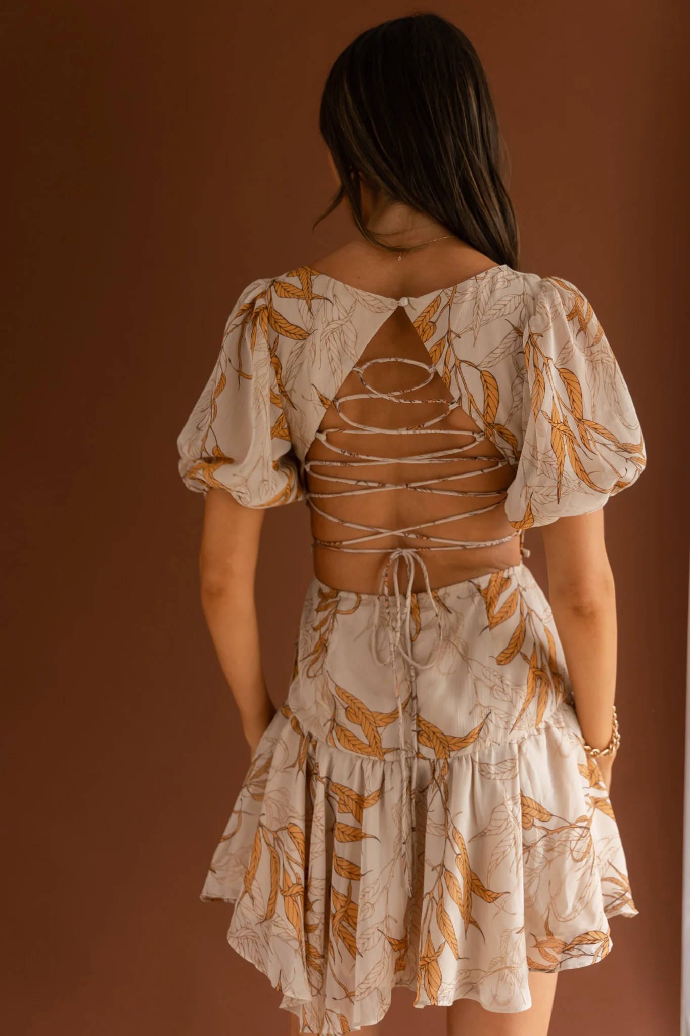 Petite Cherie Puff Sleeve Lace-Up Back Dress Leaf Print Beige - Seraphlike