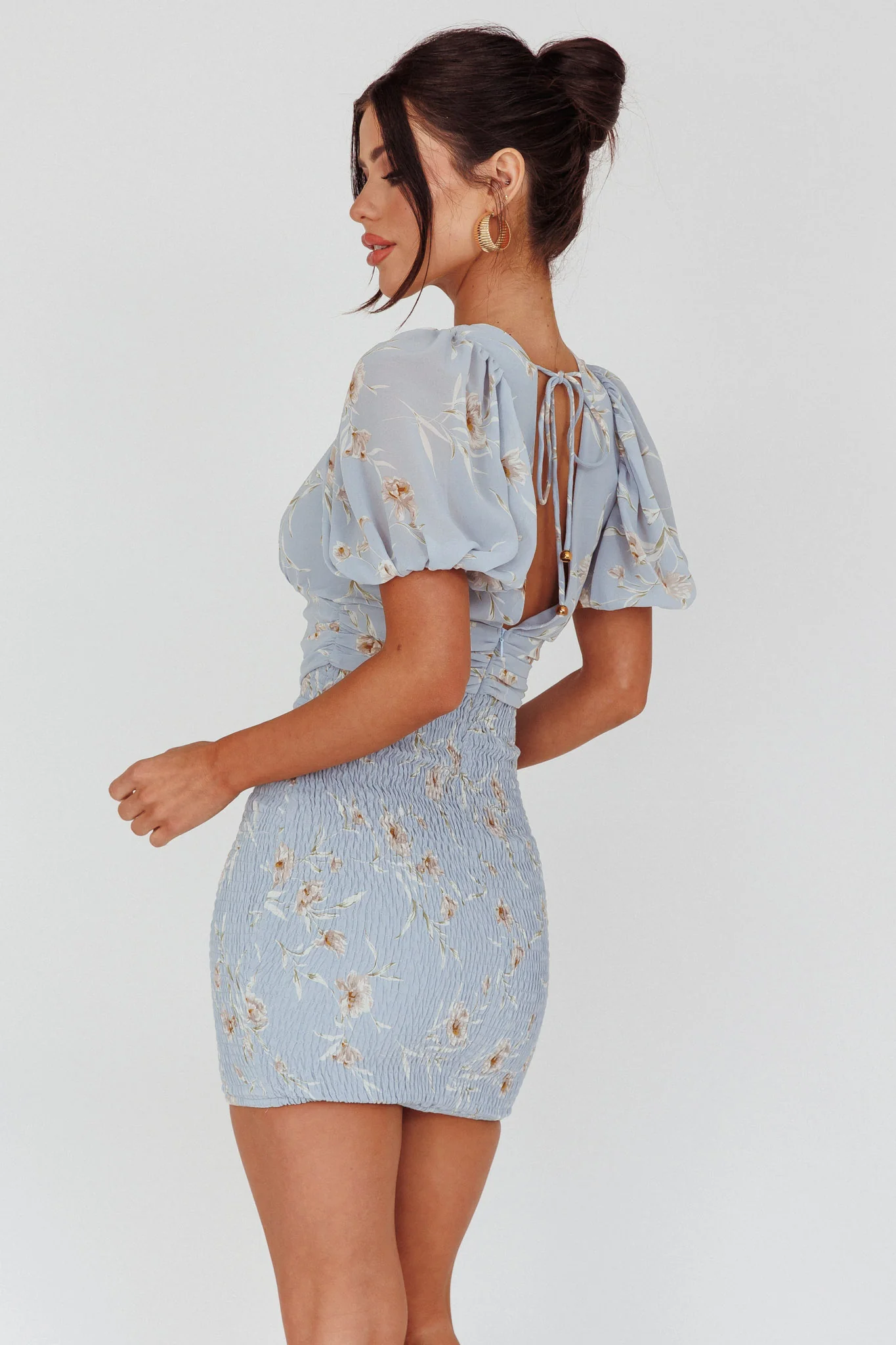 La Nena Shirred Mini Dress Floral Blue - Seraphlike