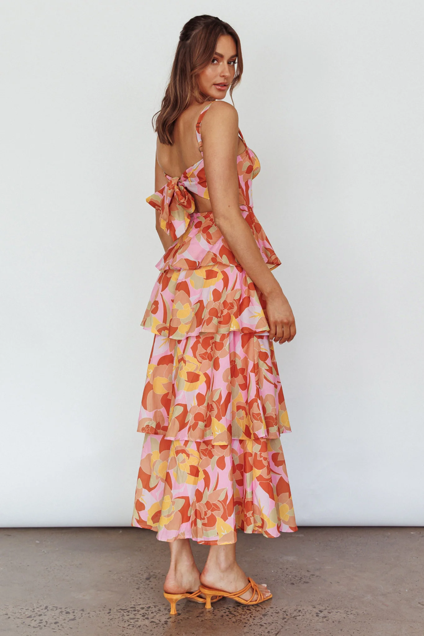 Provence Bloom Tiered Midi Dress Abstract Pink Multi - Seraphlike