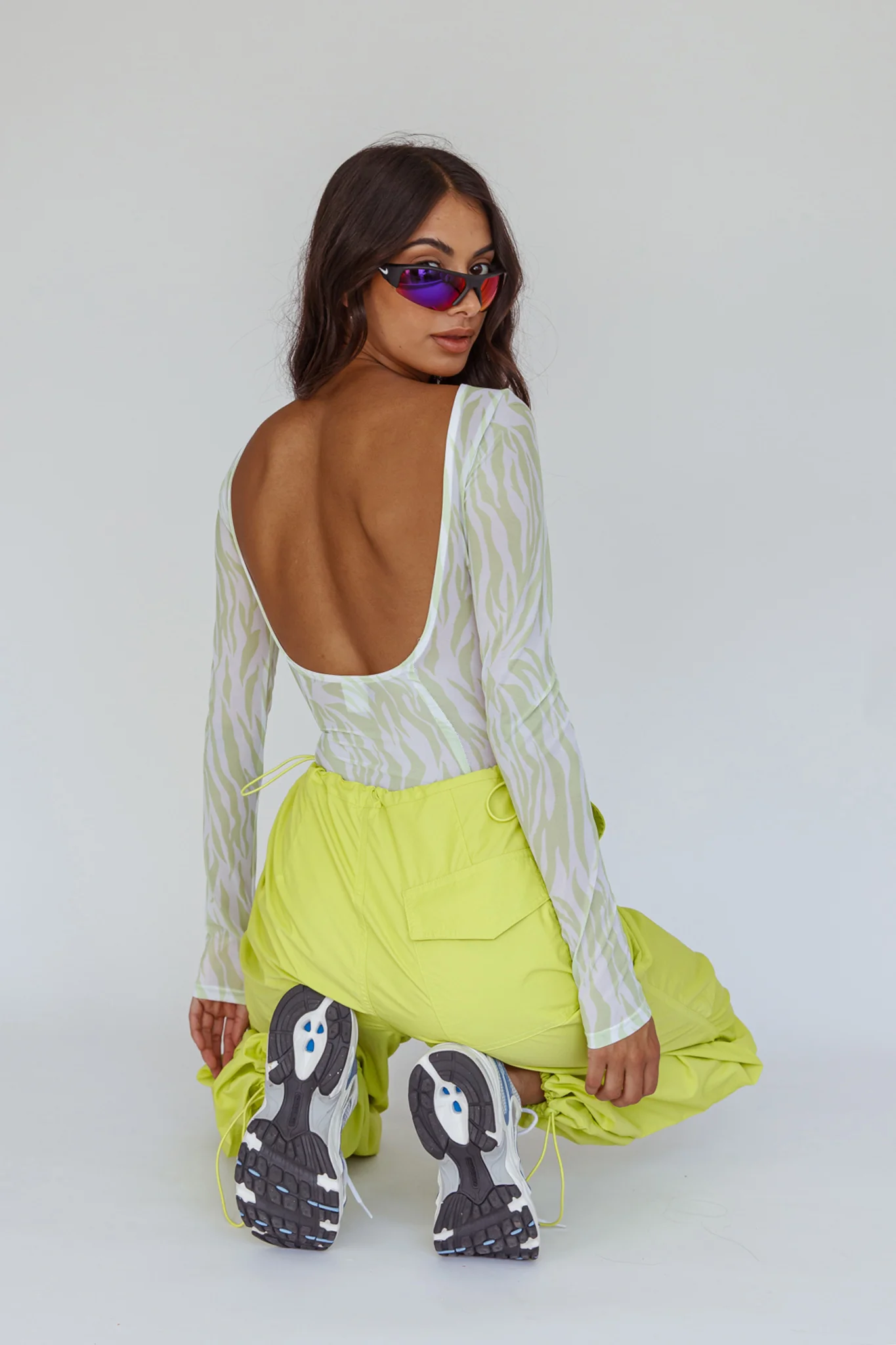 Juni Long Sleeve Low Back Mesh Bodysuit Tiger Lime - Seraphlike