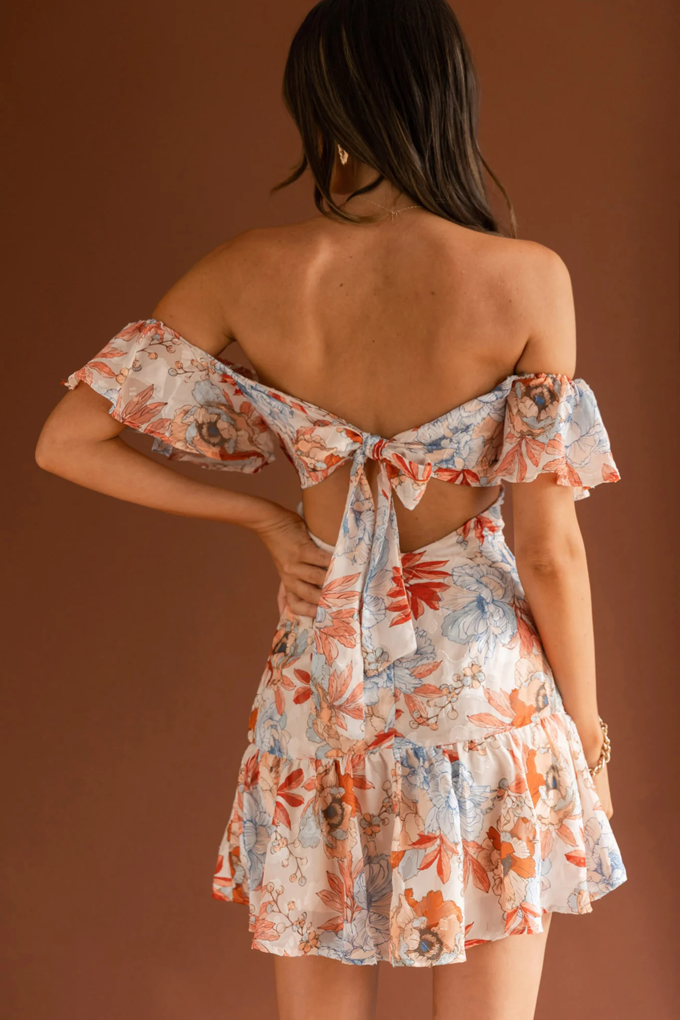 Park Avenue Flutter Sleeve Mini Dress Floral Peach - Seraphlike