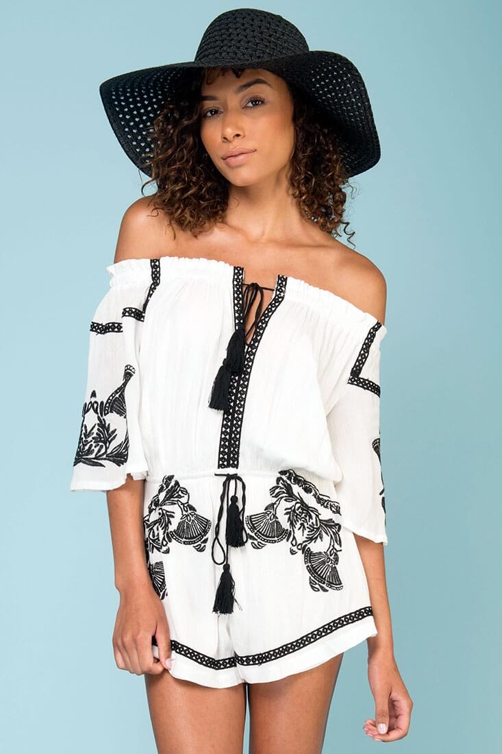 Gabriella Embroidered Tassel Romper White - Seraphlike