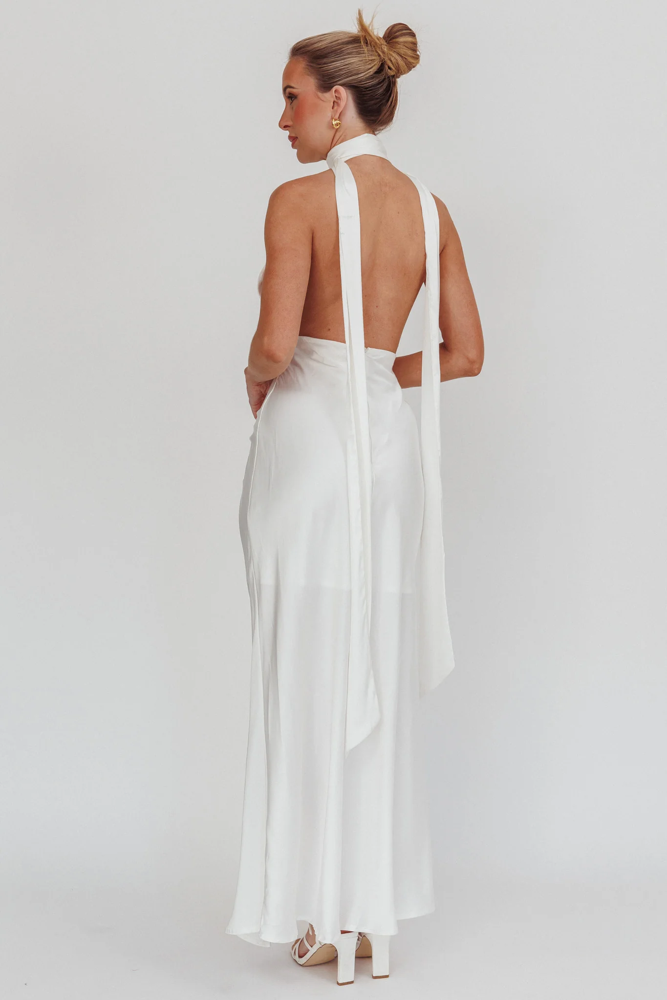 Italia Azure Halterneck Rosette Maxi Dress Oyster - Seraphlike