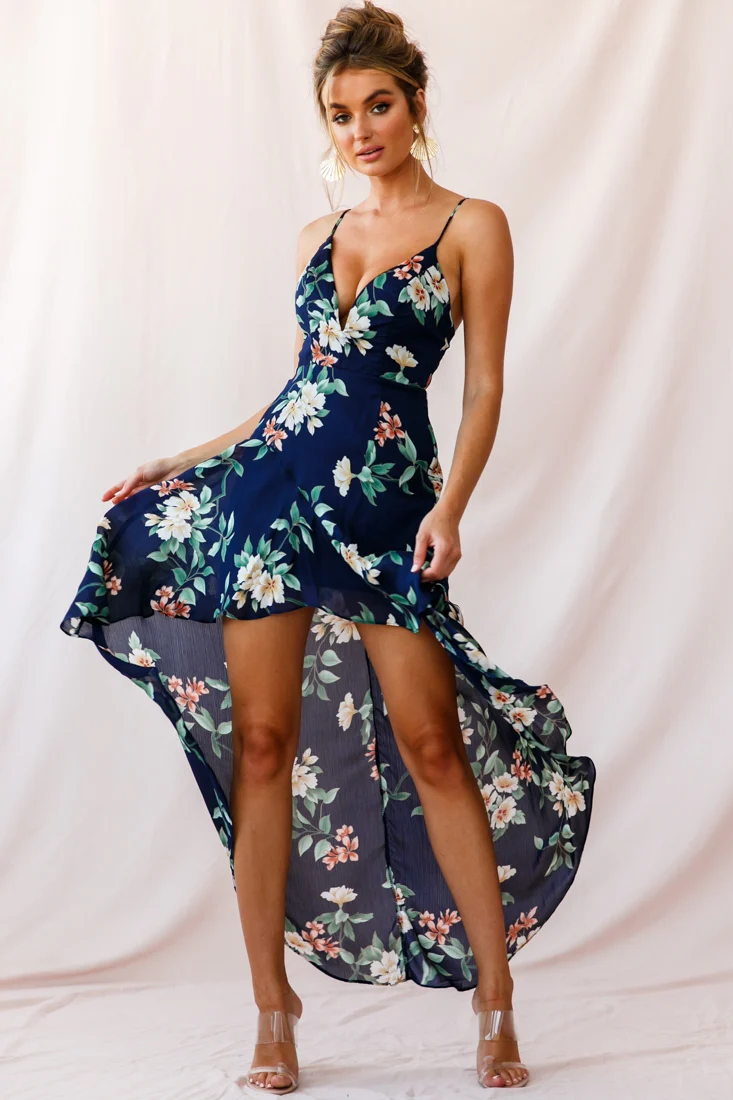 Imelda V-Neckline High-Low Hem Dress Navy - Seraphlike