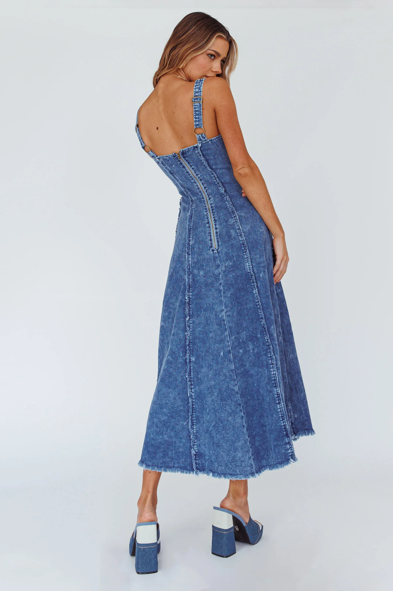 Northern Sky Fringe Trim Midi Dress Dark Blue - Seraphlike