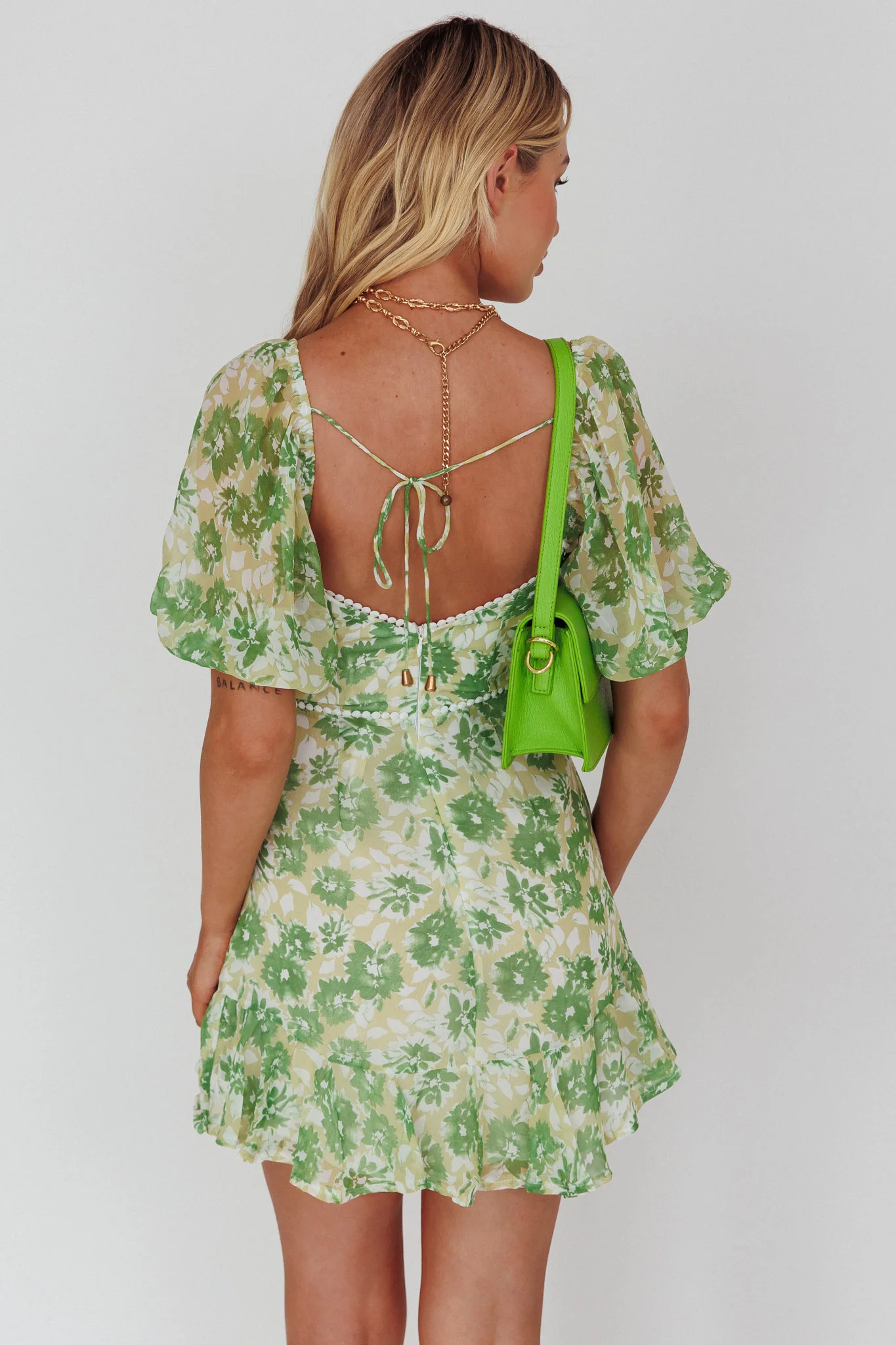 Catch Feelings Sweetheart Neckline Dot Trim Dress Floral Green - Seraphlike