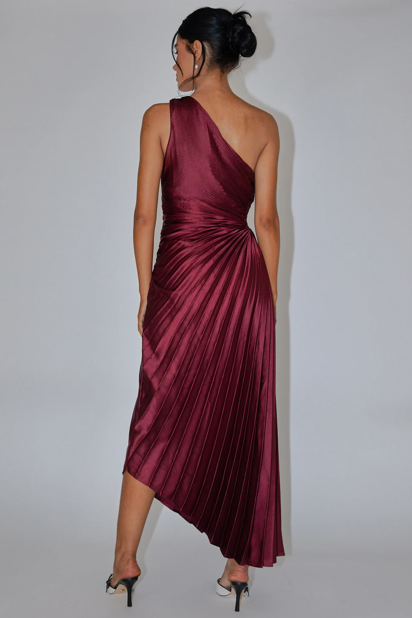 Brooklynn One-Shoulder Accordion Pleat Dress Wine - Seraphlike