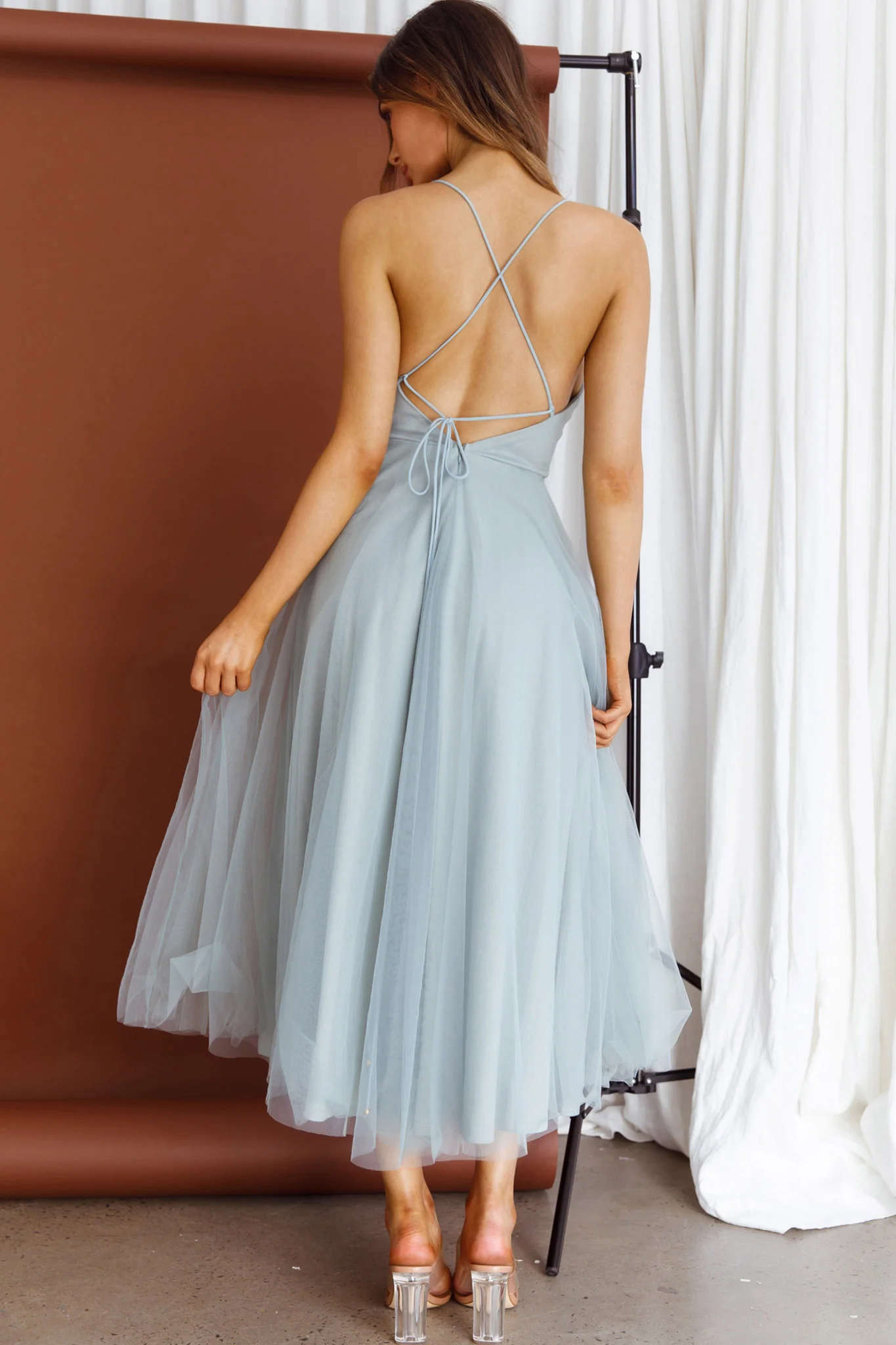 Floating By Pleated Neckline Mesh Midi Dress Sage - Seraphlike