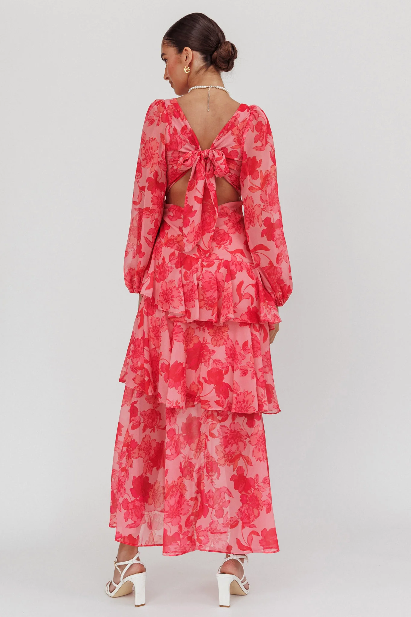 Veda Long Sleeve Floral Tiered Ruffle Maxi Dress Pink - Seraphlike