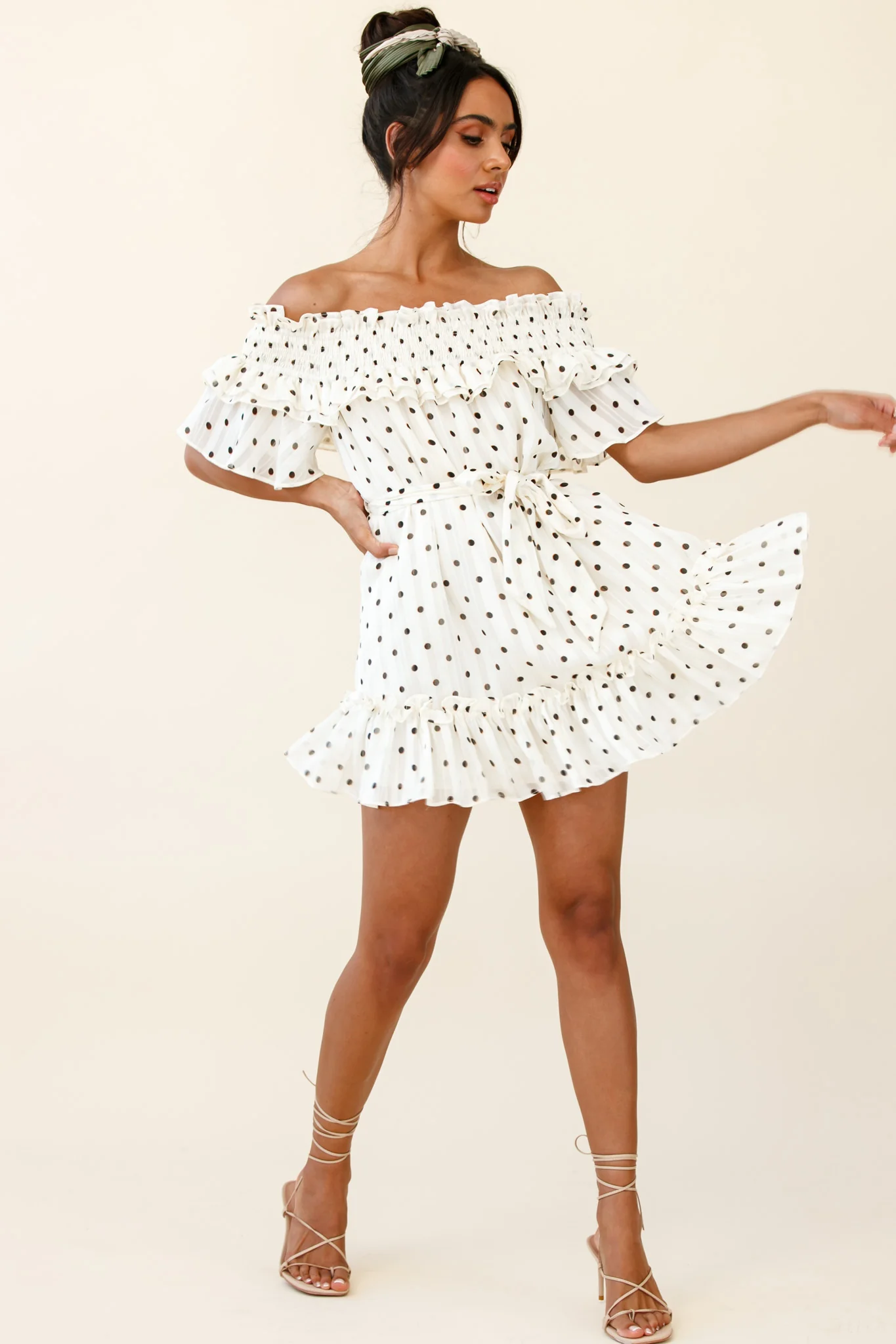 Rita Shirred Off-Shoulder Dress Polka Dot Print White - Seraphlike