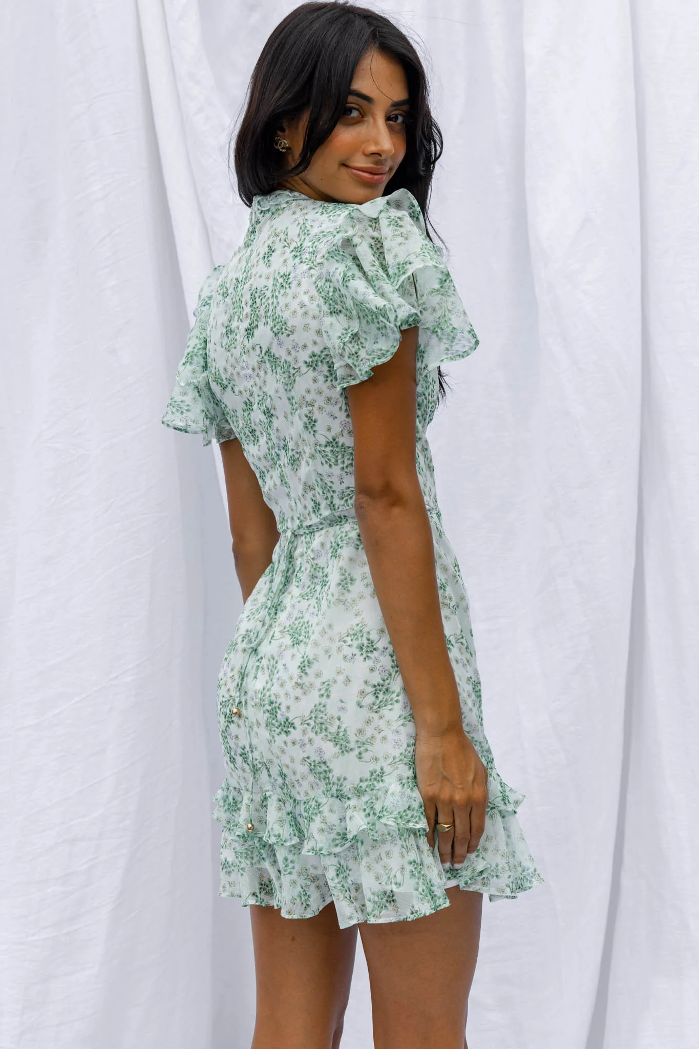 Lark High Neck Ruffle Sleeve Dress Clover Print Green - Seraphlike