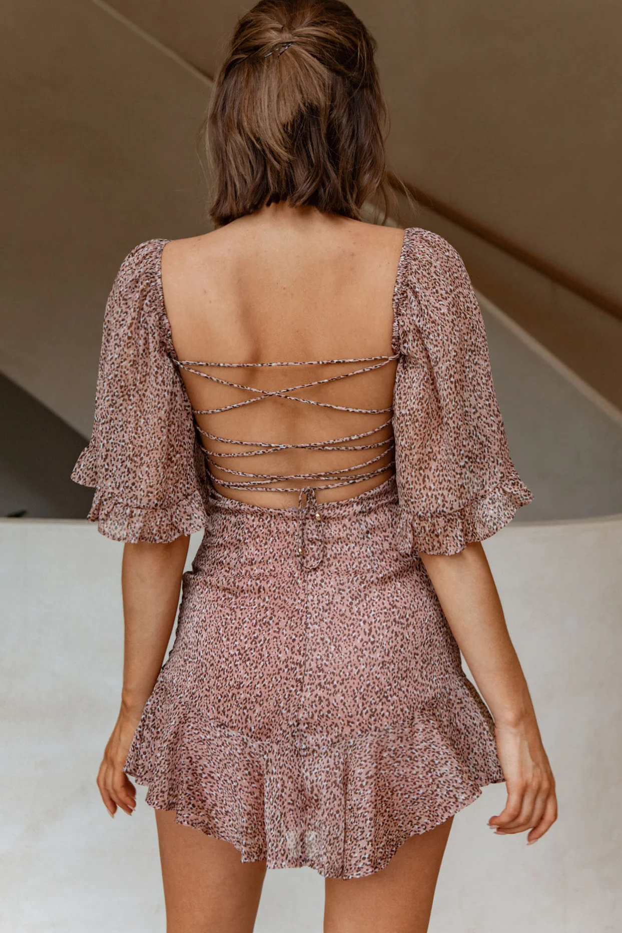 Napa Valley Flounce Hem Tie-Up Back Mini Dress Animal Print Pink - Seraphlike