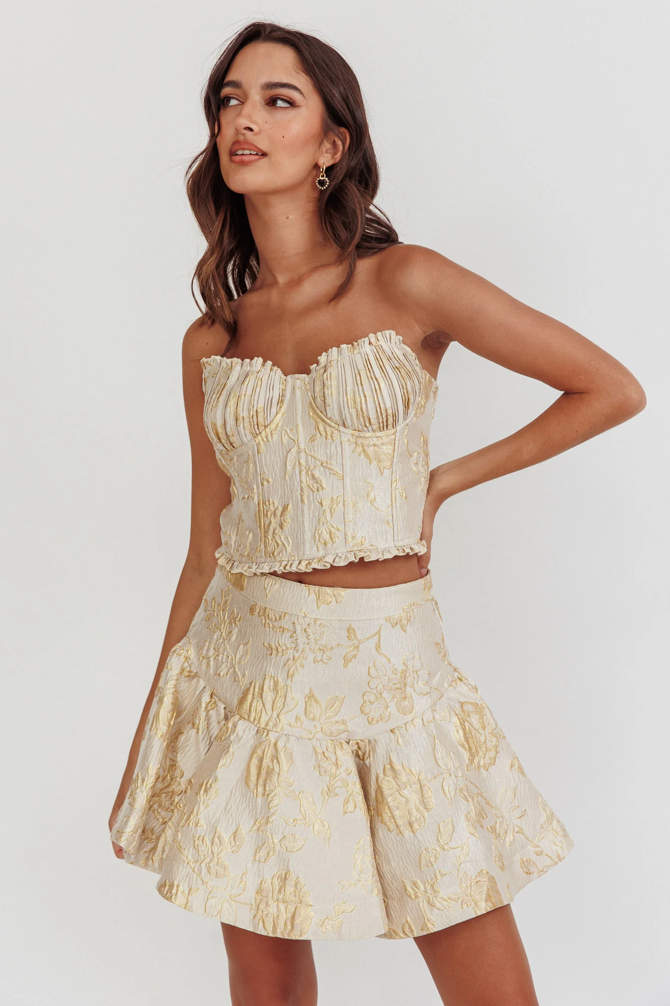 Kamilla Jacquard Flared Mini Skirt Floral Gold - Seraphlike