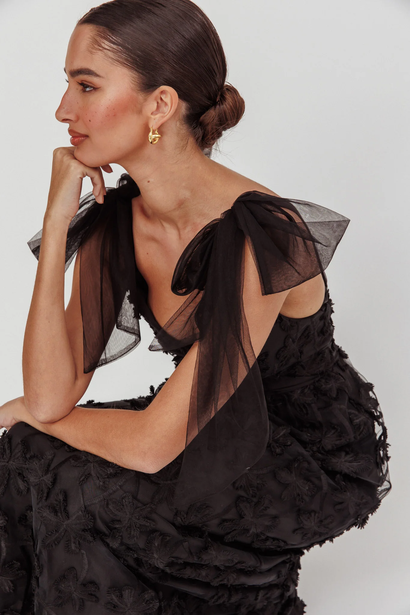 Mykonos Morning Tied Shoulder Tree Maxi Dress Black - Seraphlike