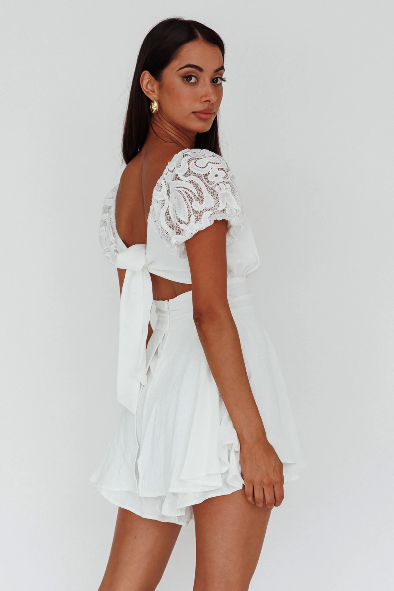 Lianah Lace Sleeve Tied Back Romper White - Seraphlike