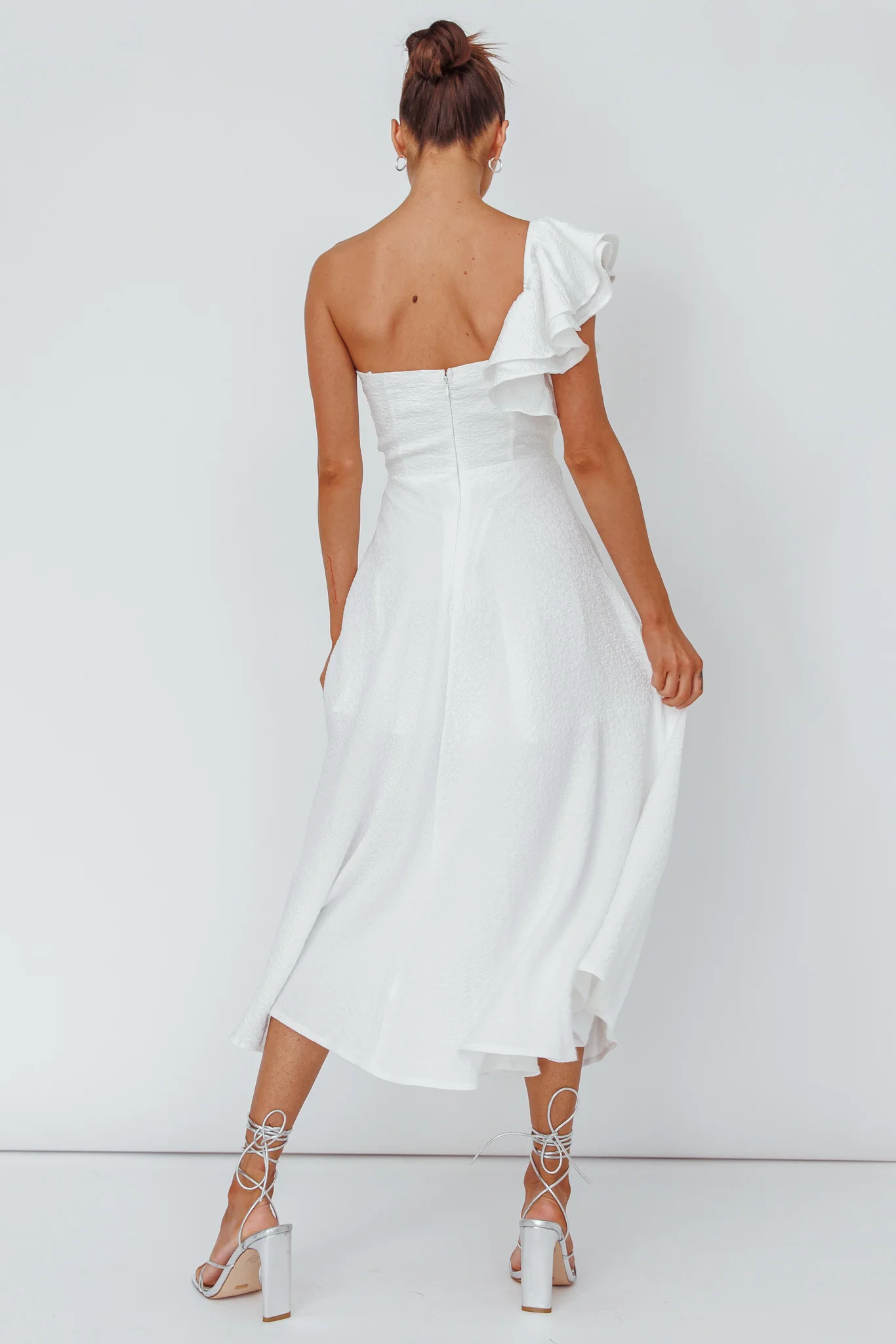 Jolina Ruffle Shoulder Midi Dress White - Seraphlike