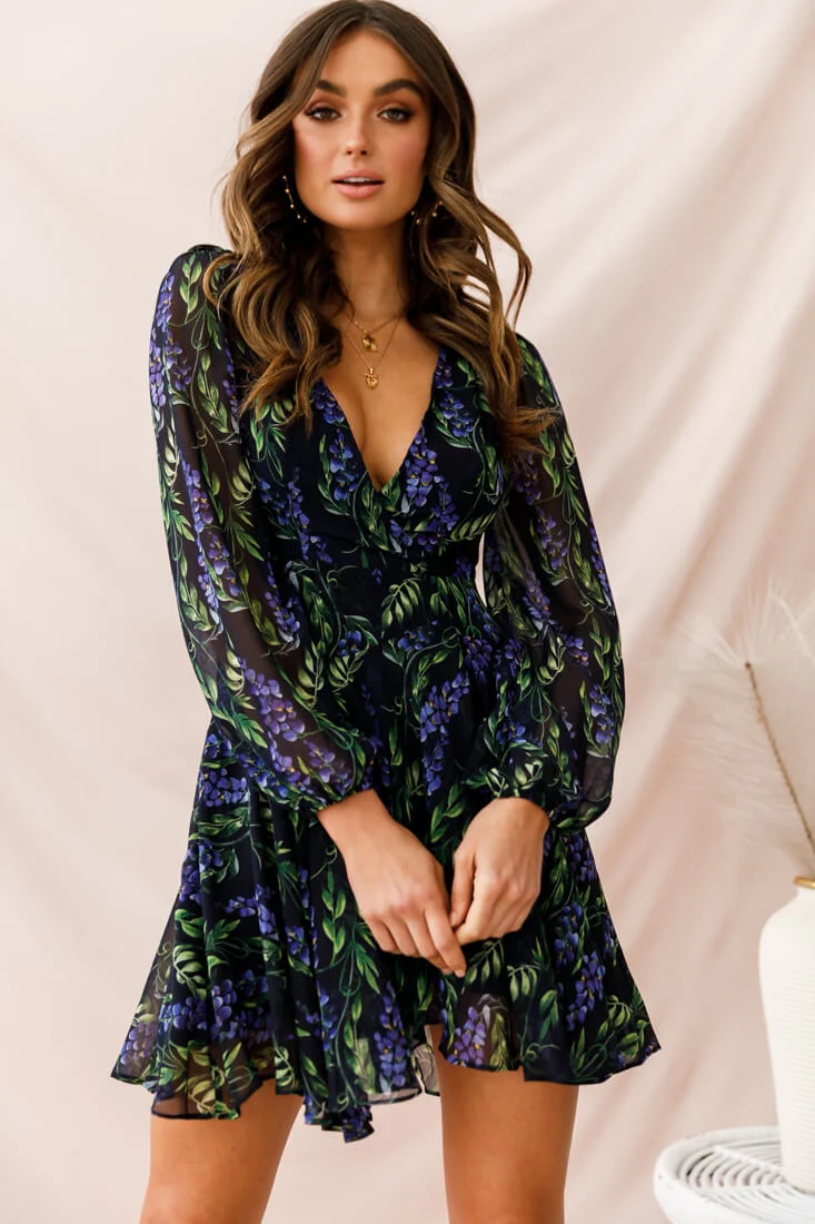 Wisteria Lane Long Sleeve Tea Dress Navy - Seraphlike