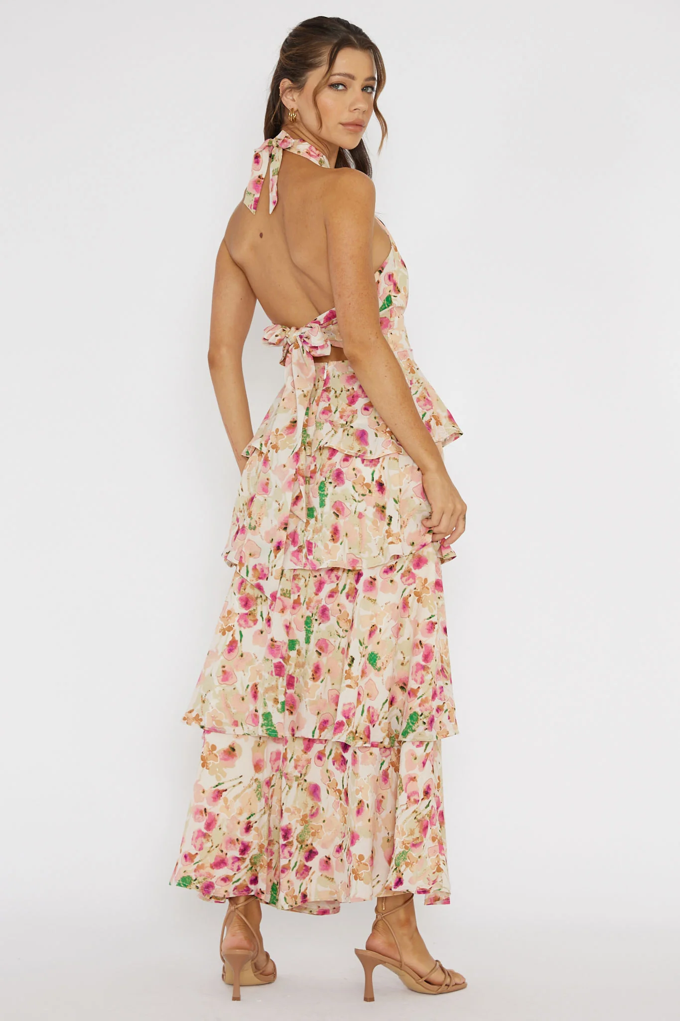 Provence Bloom Tiered Halterneck Dress Pink - Seraphlike