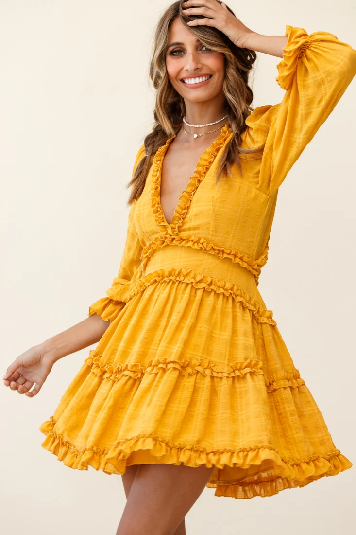 Laney Cutout Back Balloon Sleeve Dress Mustard - Seraphlike