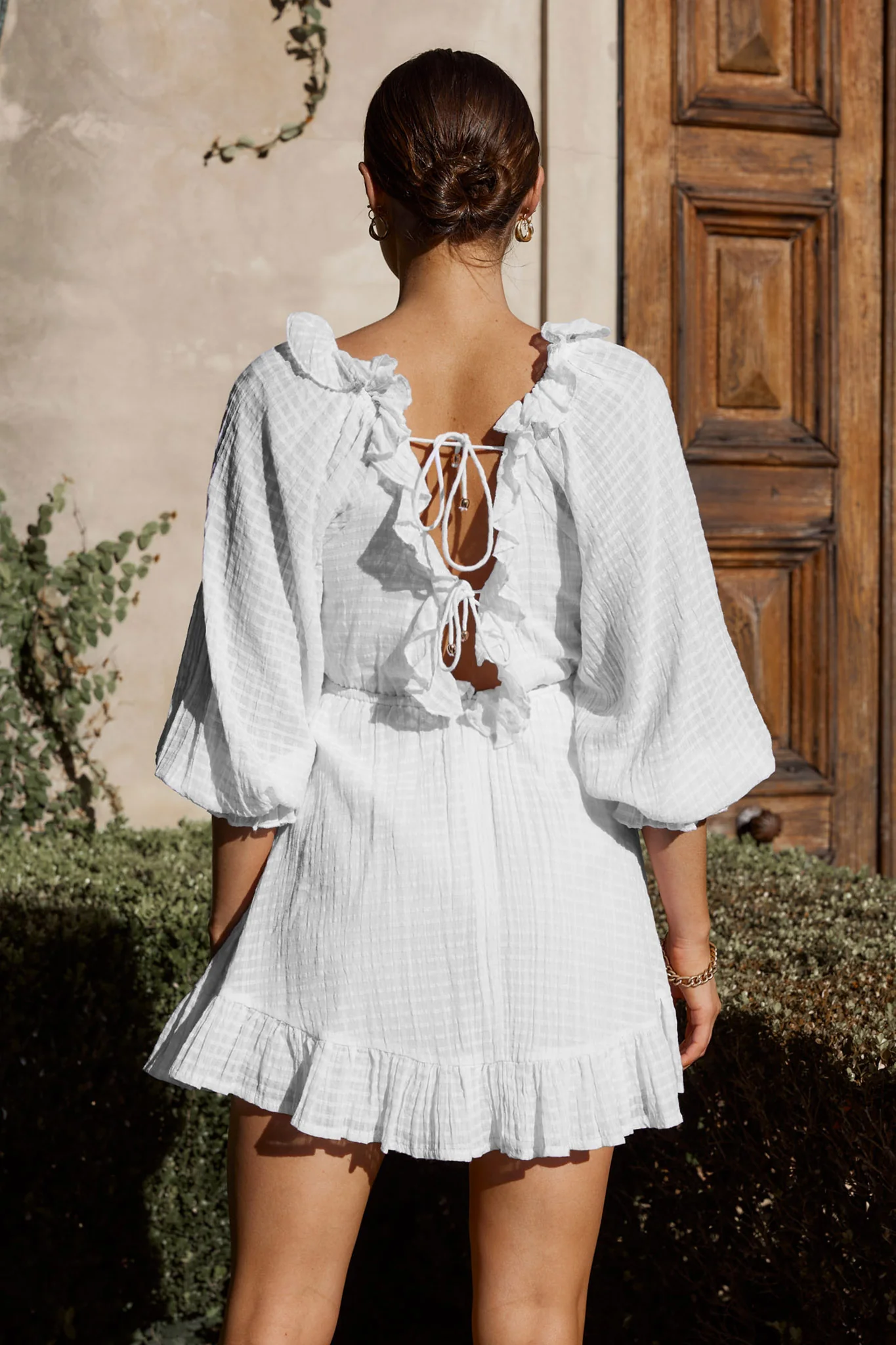 Hooked On A Feeling Long Sleeve String Tie Back Mini Dress White - Seraphlike