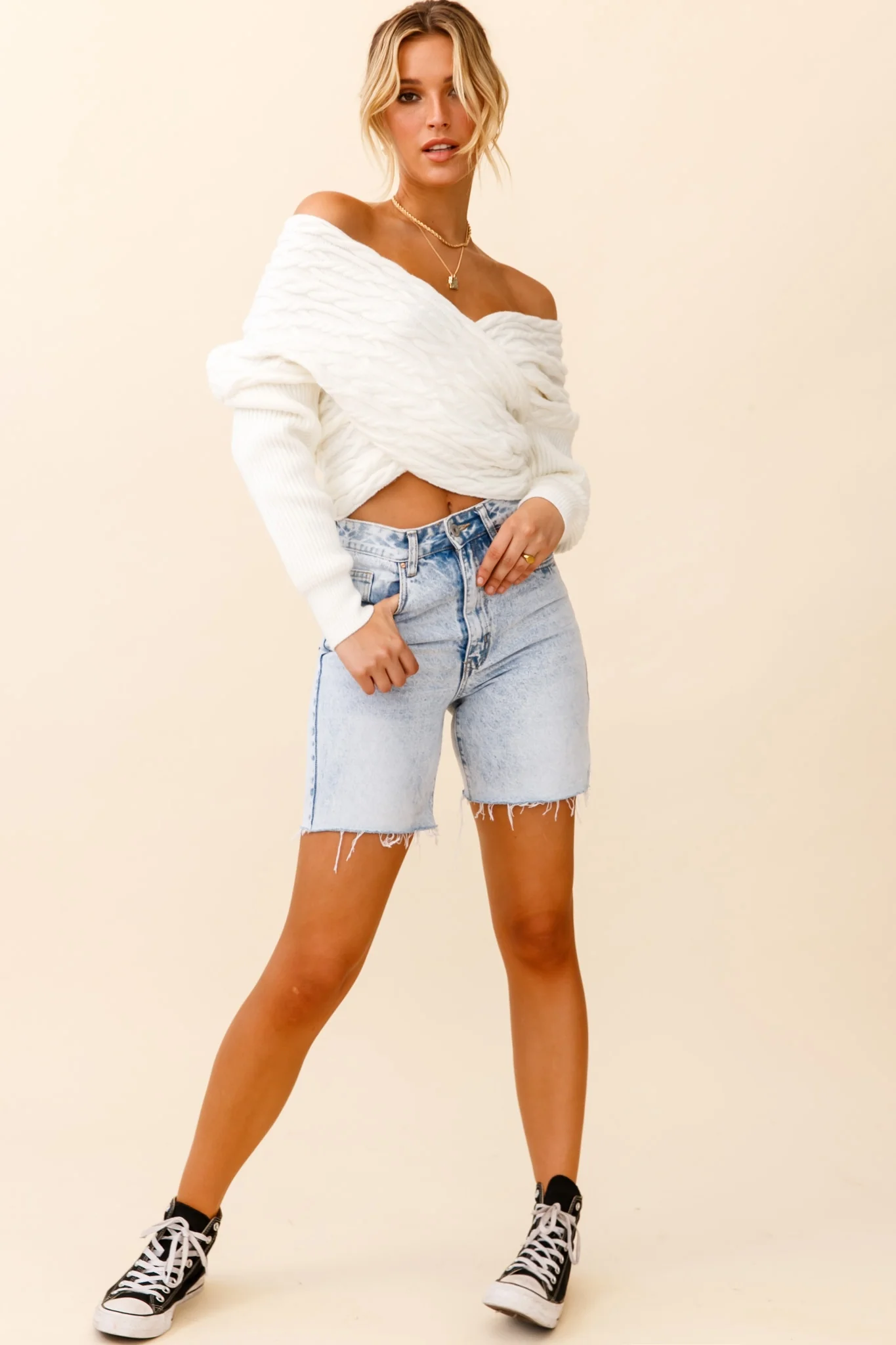 Heartstopper Off-Shoulder Wrap Knit Top White - Seraphlike