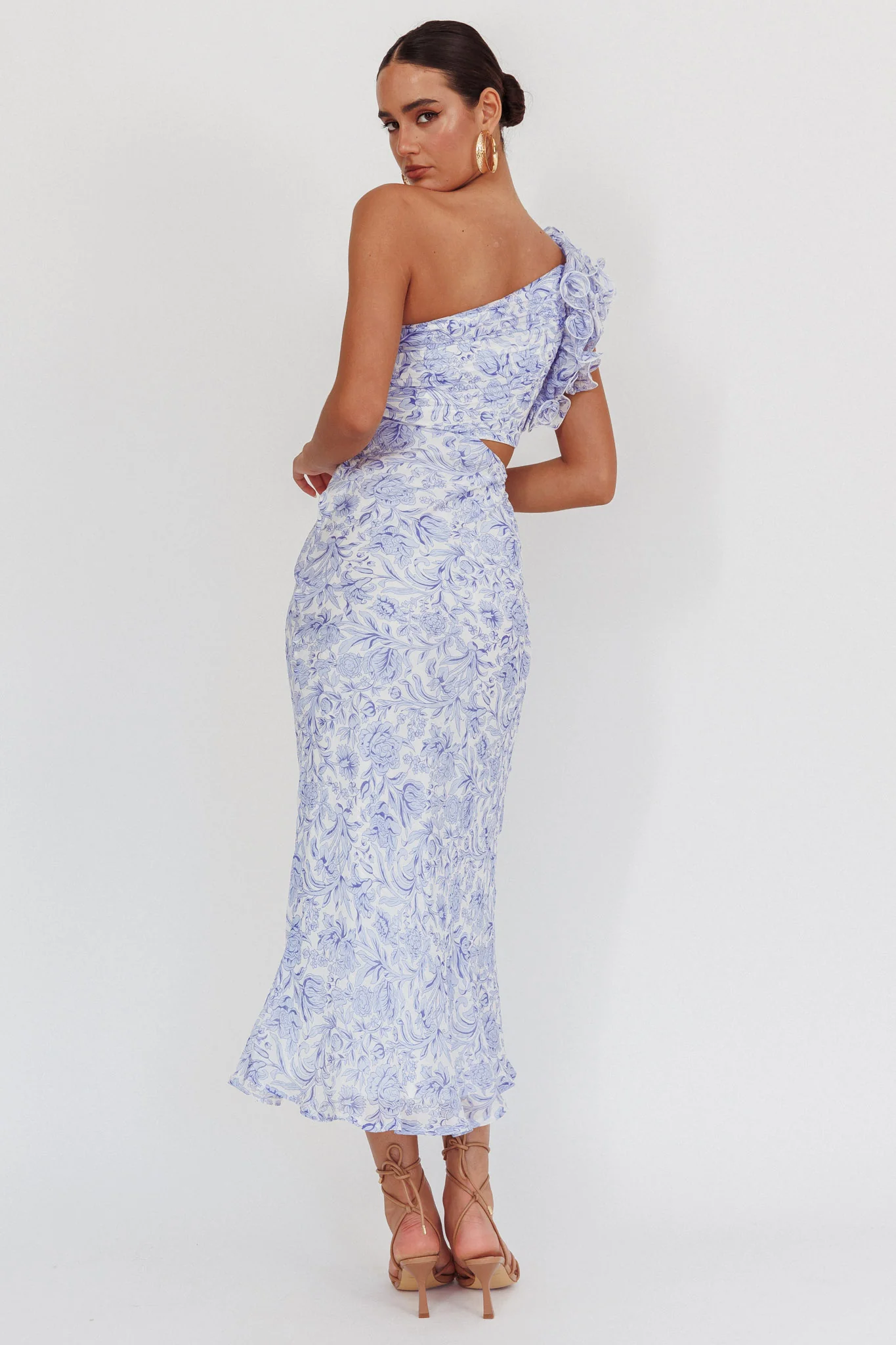 Deanna One-Shoulder Ruffle Midi Dress Floral Blue - Seraphlike