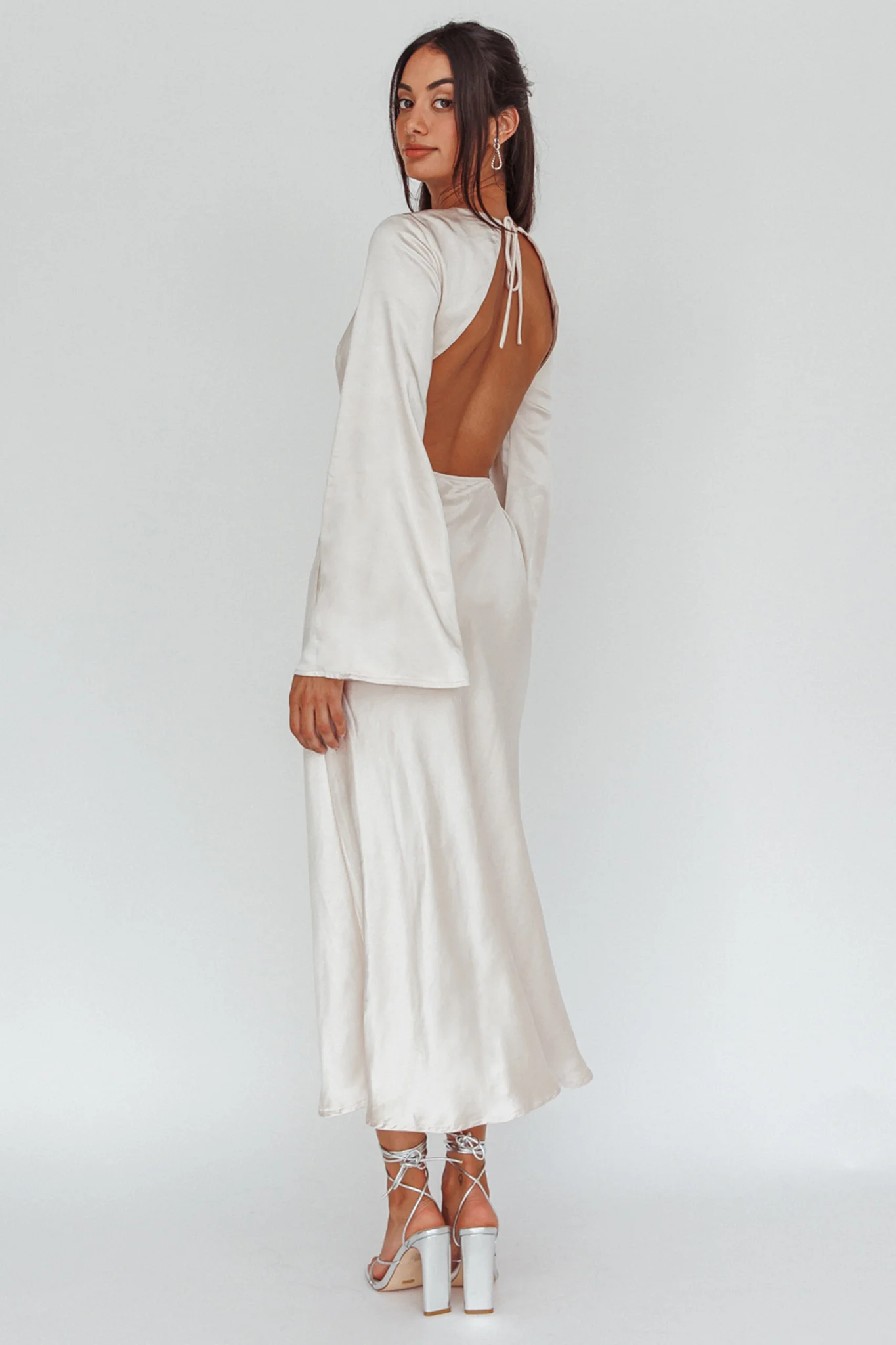 Doting Bell Sleeve Cut-Out Midi Dress Champagne - Seraphlike