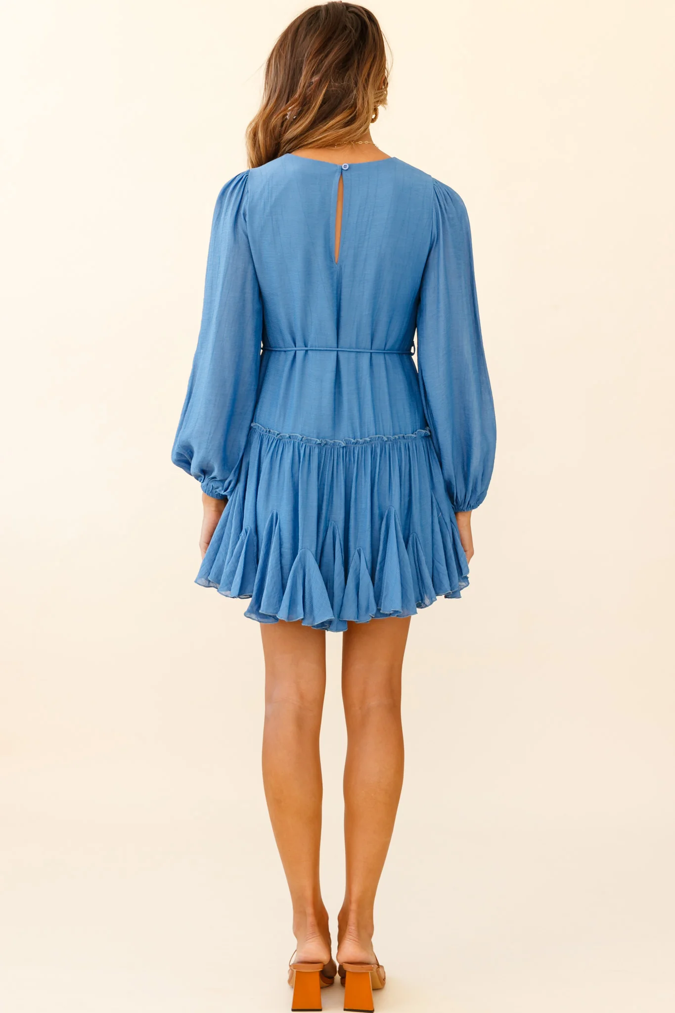 Rosabel Balloon Sleeve Fluted Hem Dress Denim Blue - Seraphlike