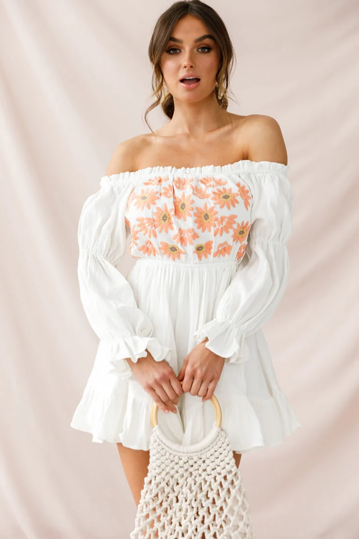 Kayla Off-Shoulder Daisy Embroidered Dress White - Seraphlike