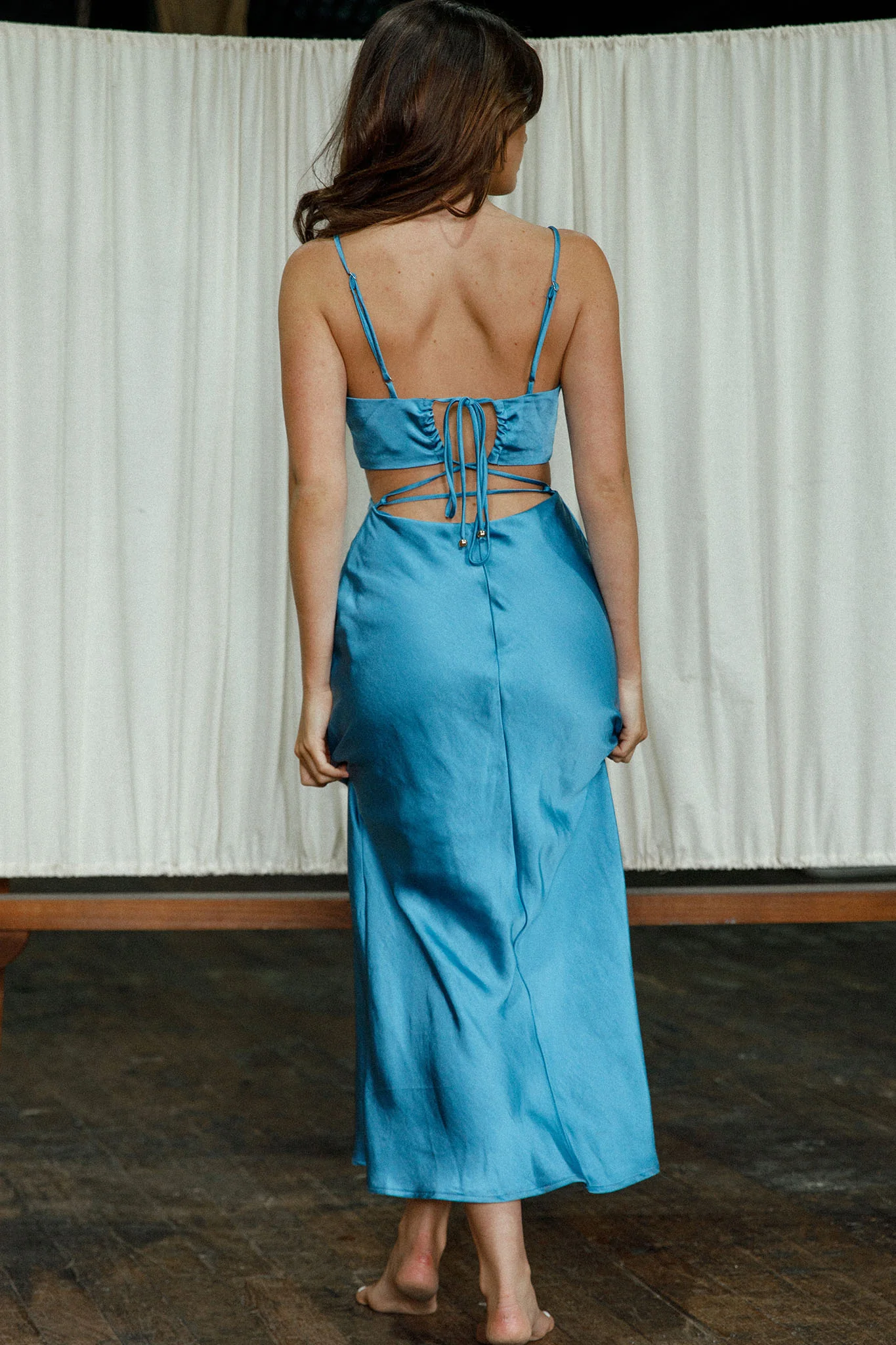 City Lights Cut-Out Waist Strappy Back Midi Dress Midnight Blue - Seraphlike